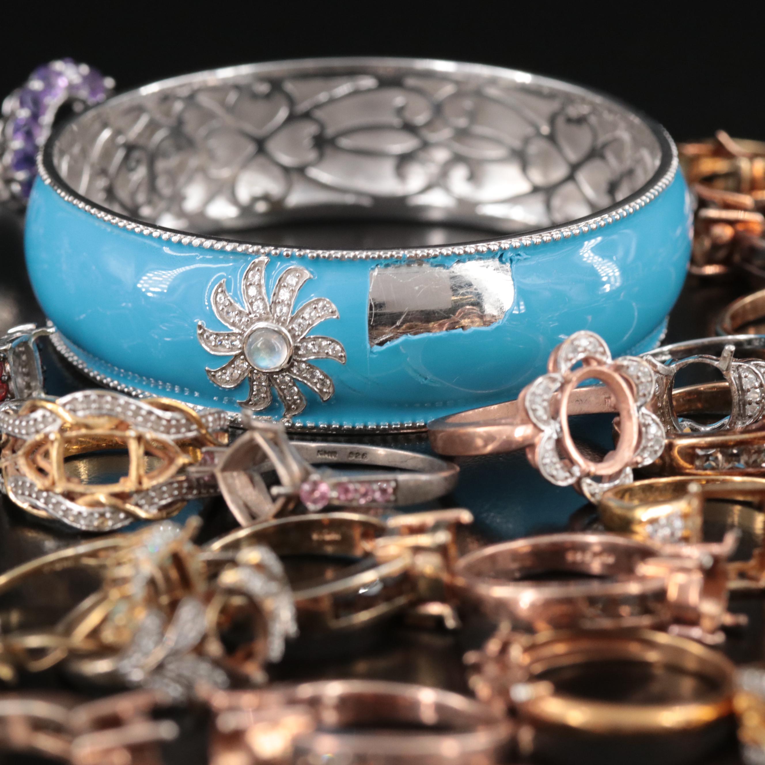 Sterling Scrap Lot Featuring Diamond, Cubic Zirconia and Fire Opal