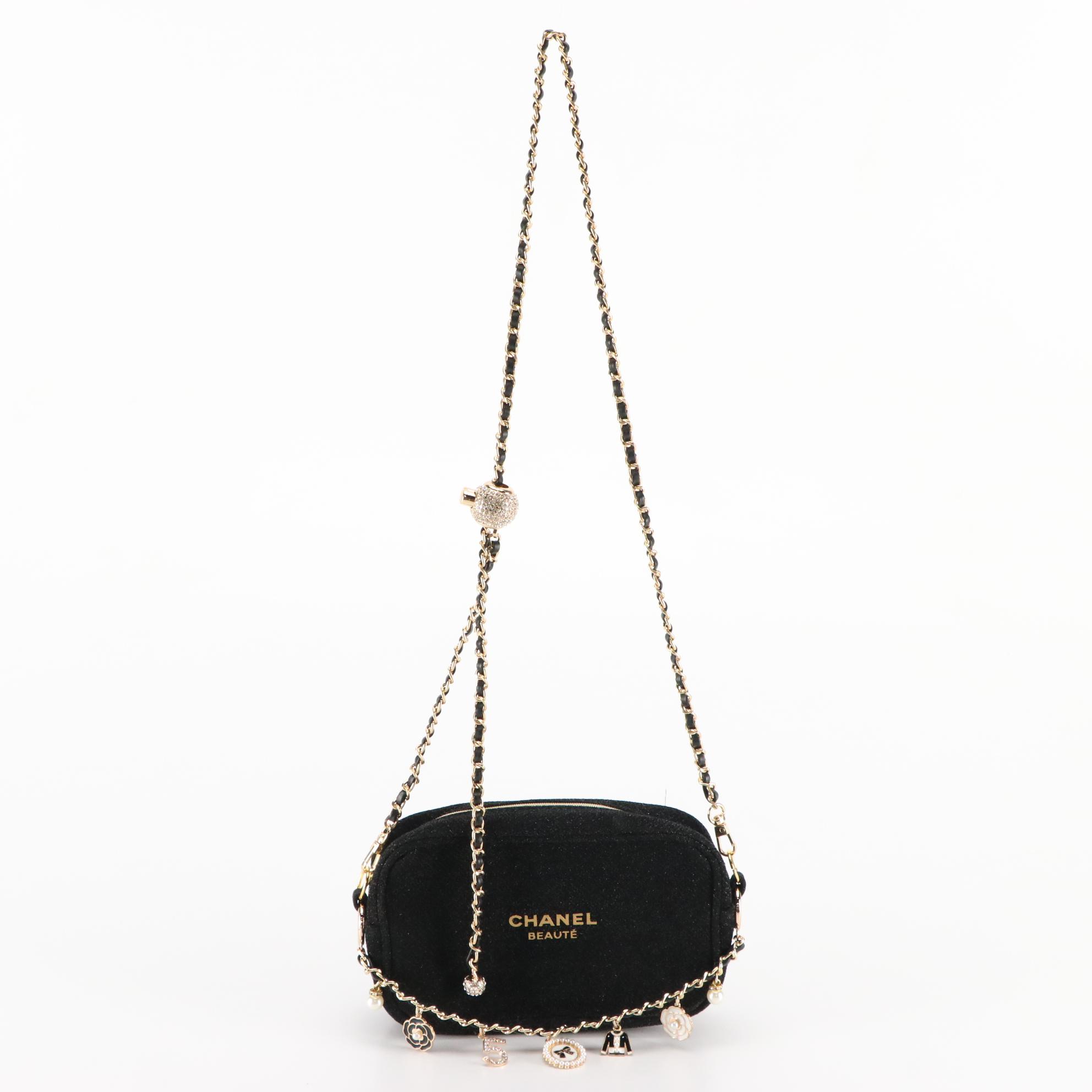 Chanel Beauté VIP 2023 Holiday Black Glitter Pouch with Bejeweled Chain Straps