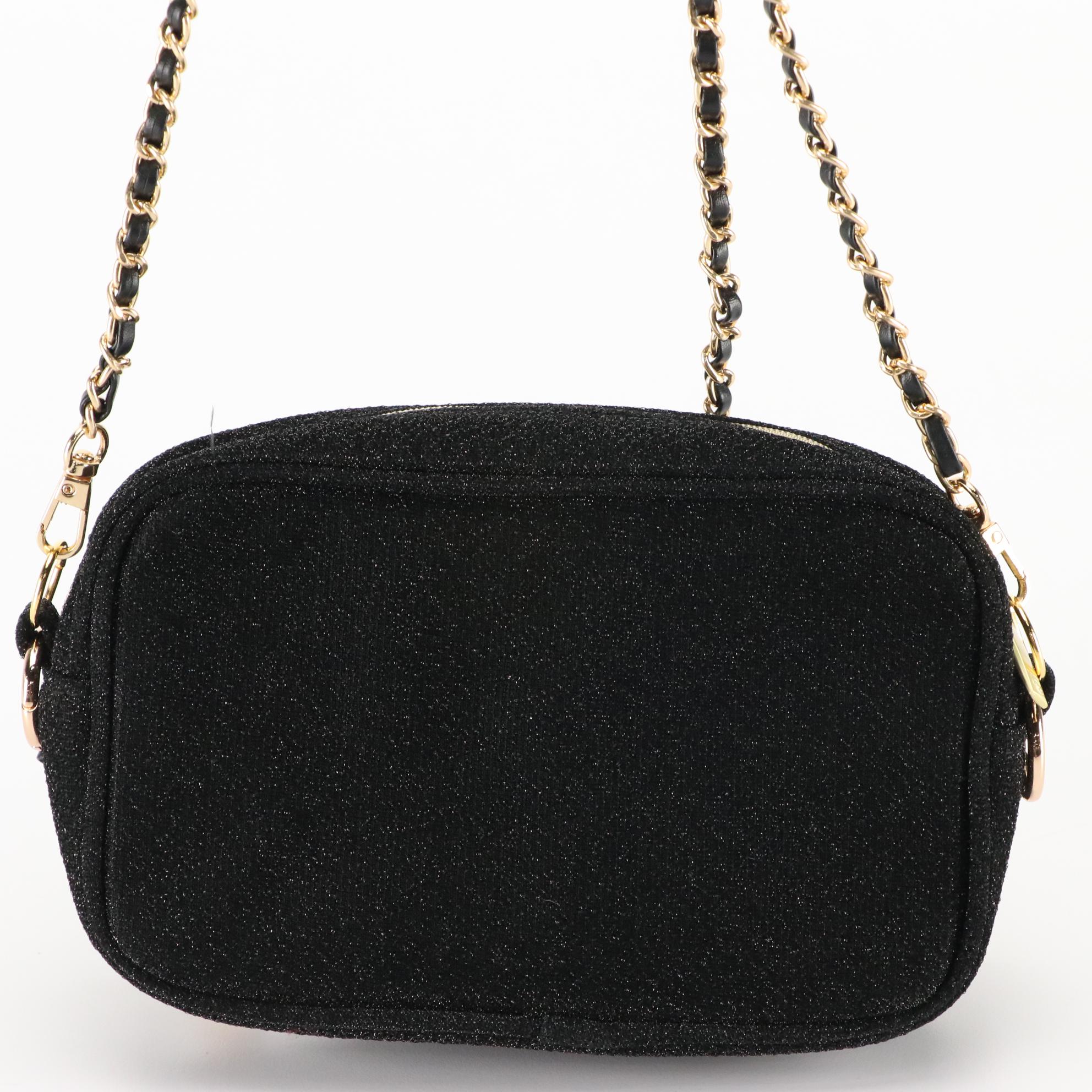 Chanel Beauté VIP 2023 Holiday Black Glitter Pouch with Bejeweled Chain Straps