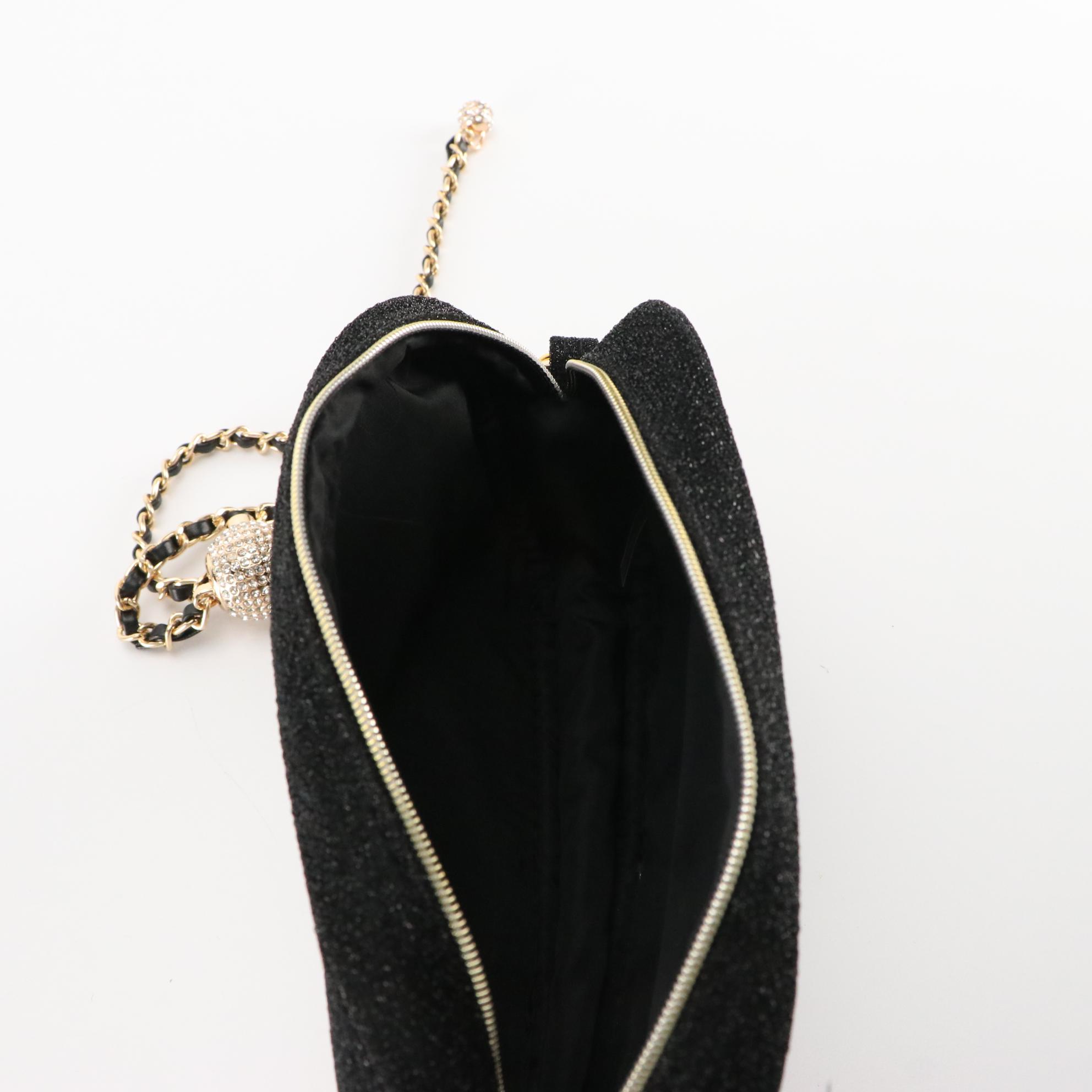 Chanel Beauté VIP 2023 Holiday Black Glitter Pouch with Bejeweled Chain Straps