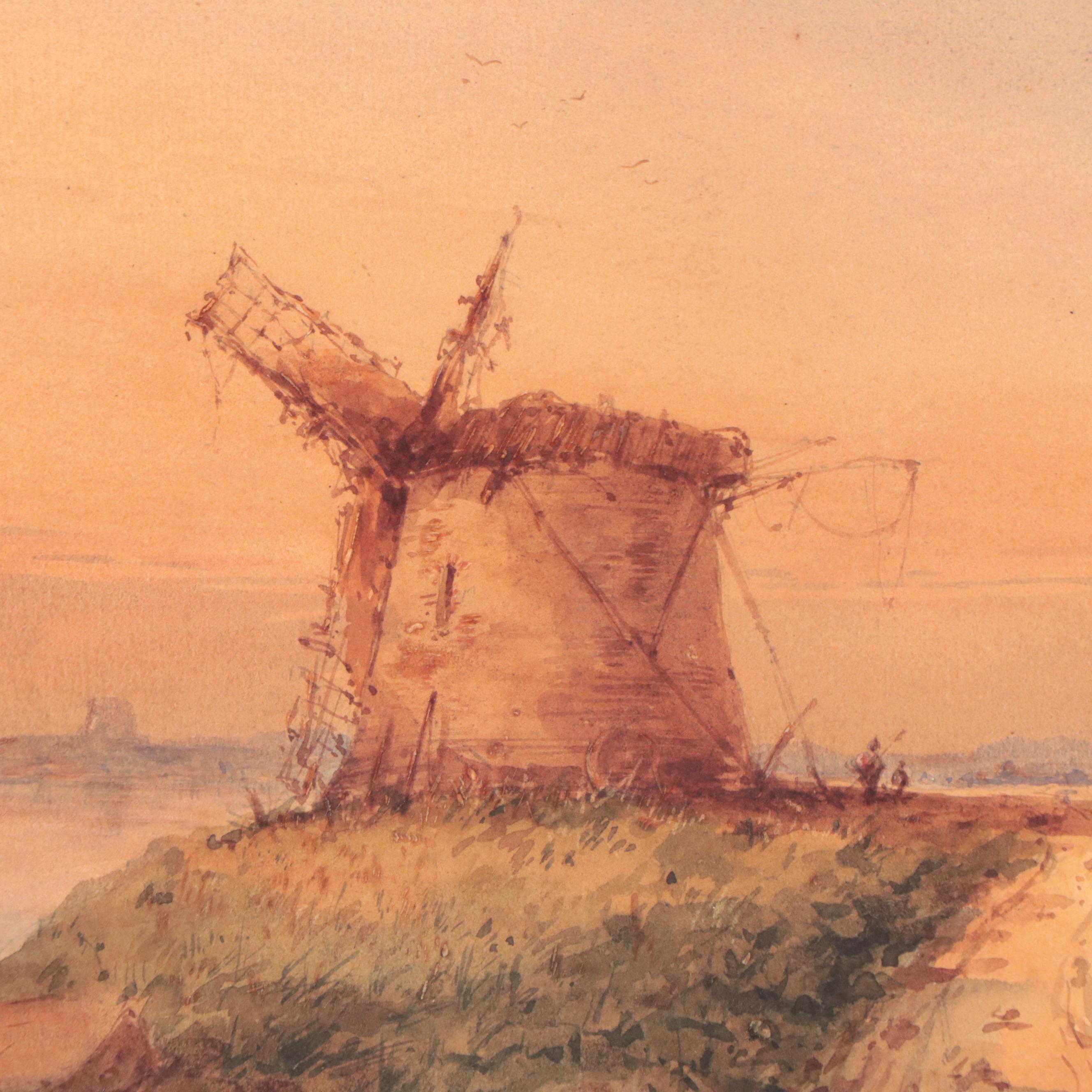 J. Knox Watercolor Painting of Coastal Landscape With Windmill, 1855; More
