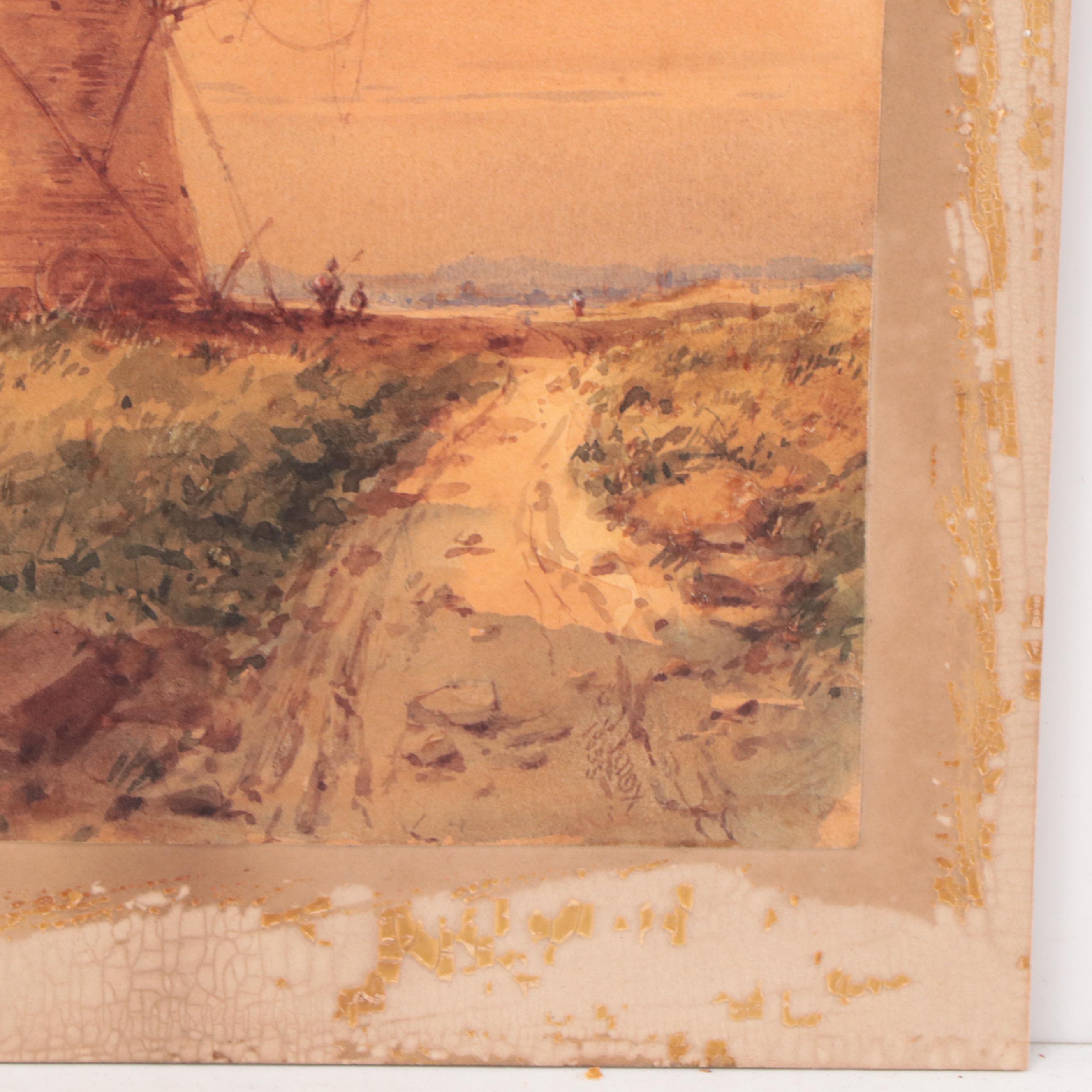 J. Knox Watercolor Painting of Coastal Landscape With Windmill, 1855; More