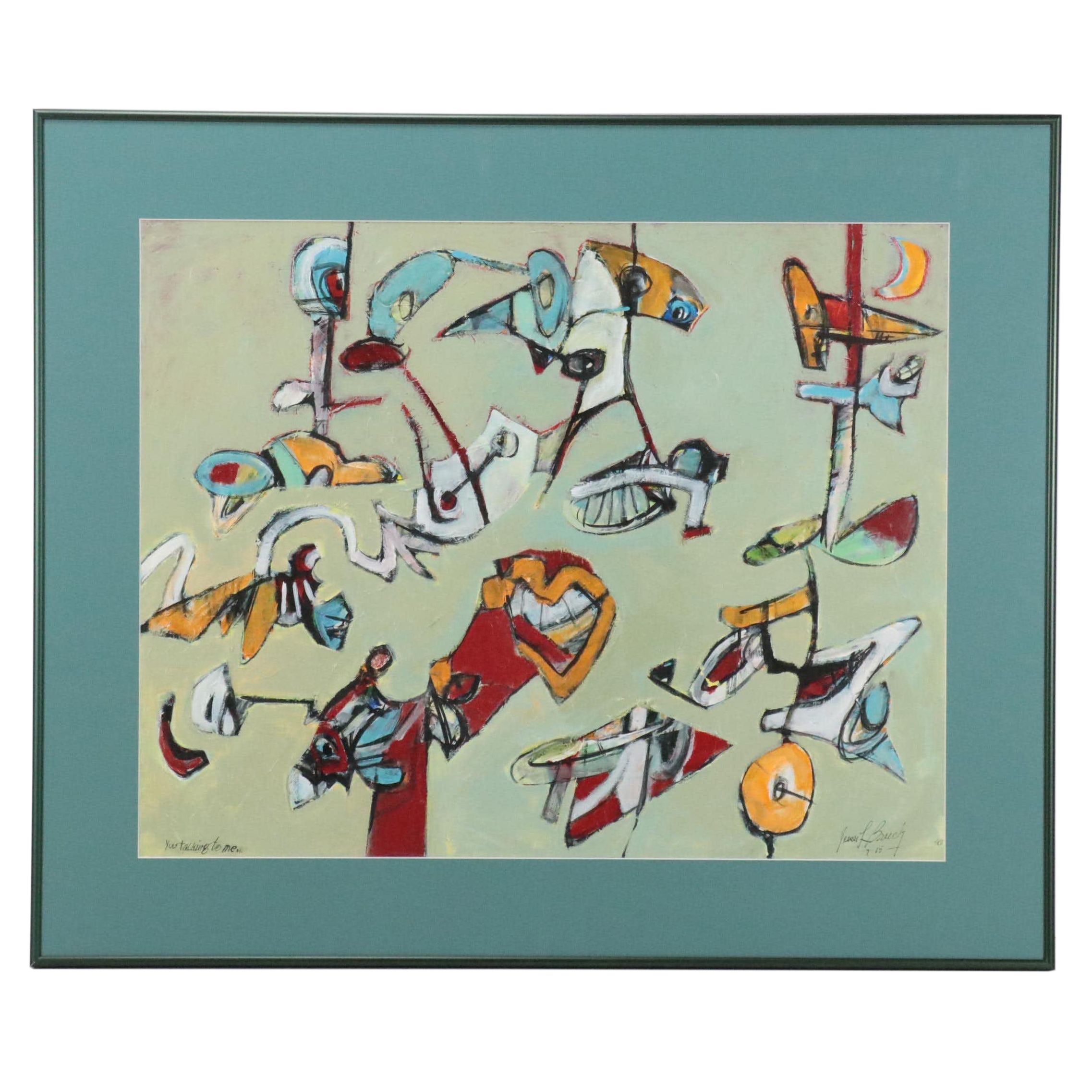 James L. Bruch Oil Painting of Stylized Face Motifs "You talking to me.," 2010