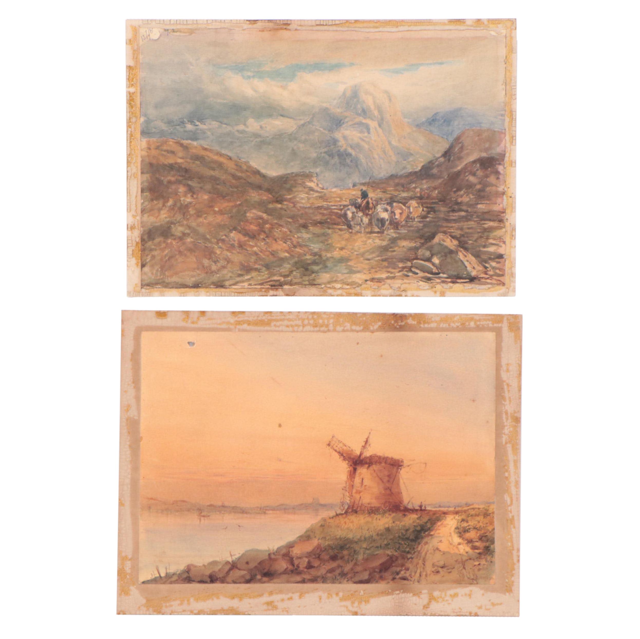 J. Knox Watercolor Painting of Coastal Landscape With Windmill, 1855; More