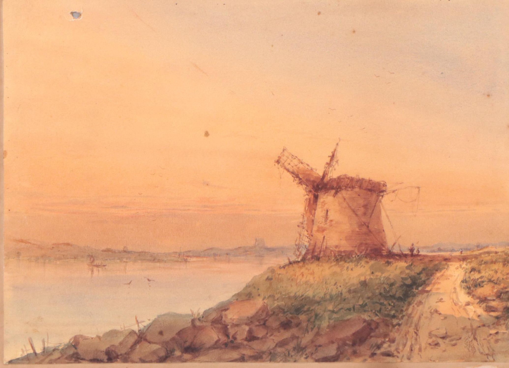 J. Knox Watercolor Painting of Coastal Landscape With Windmill, 1855; More