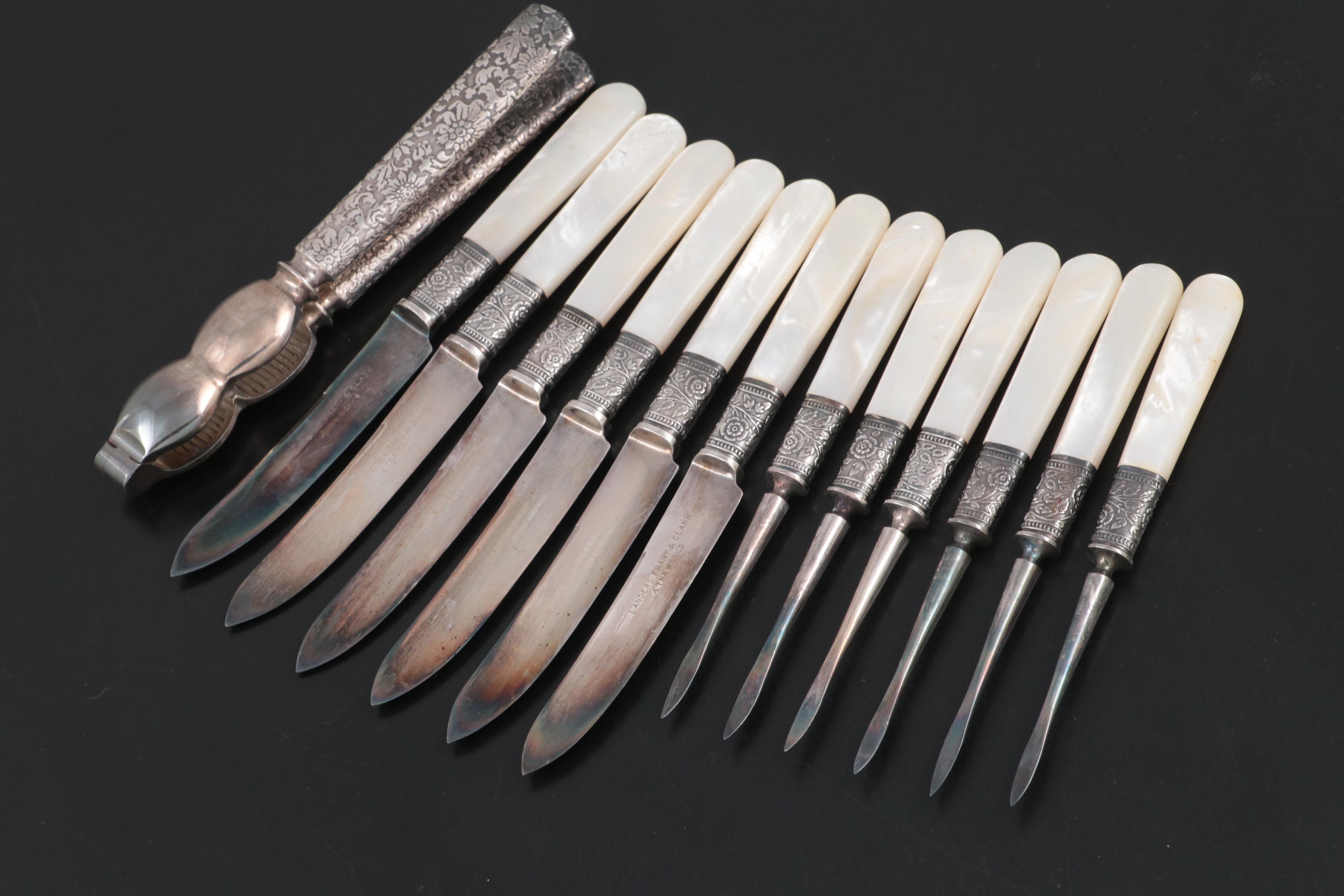 Landers, Frary & Clark MOP with Sterling Silver Bolsters Fruit Knives and Pics