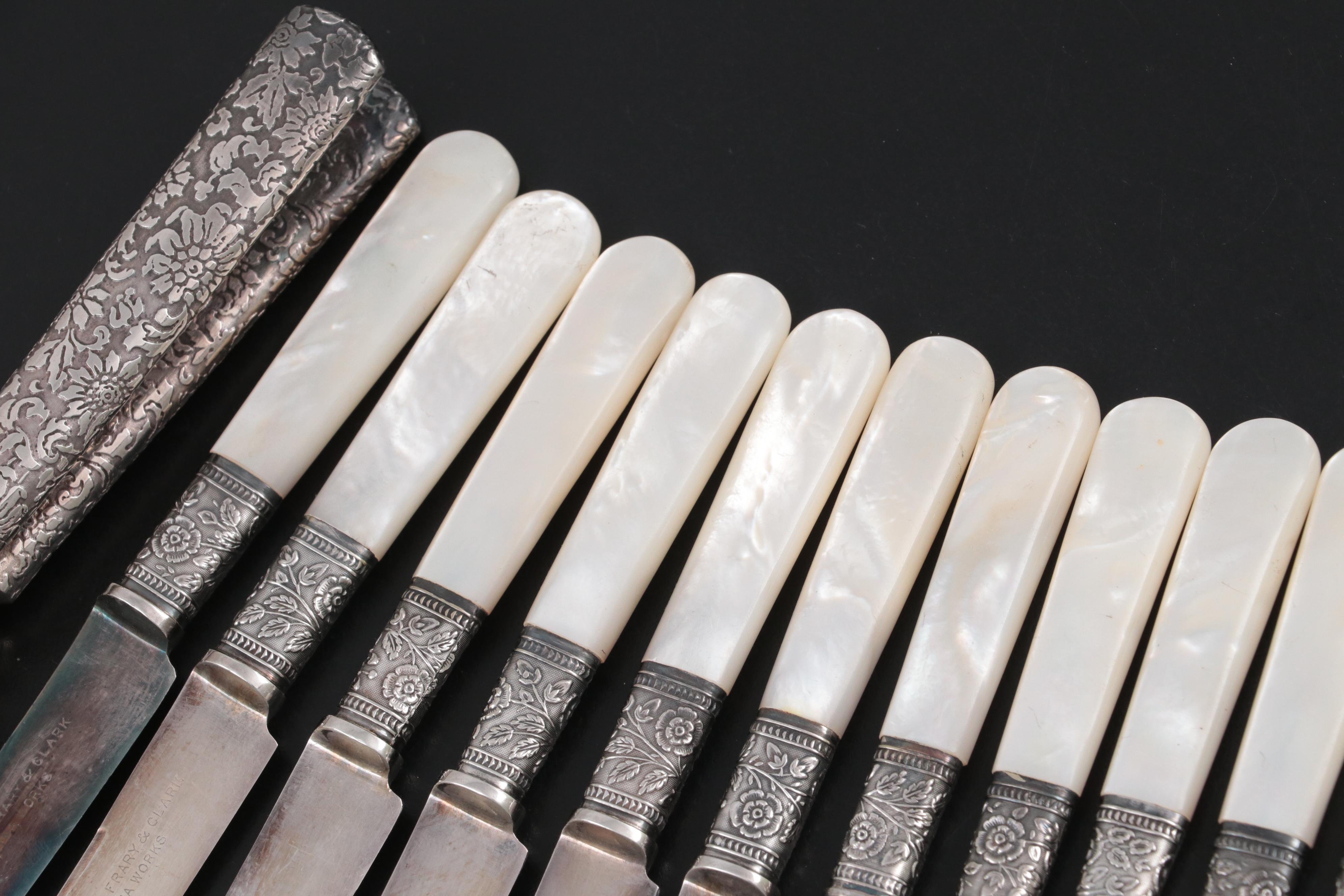 Landers, Frary & Clark MOP with Sterling Silver Bolsters Fruit Knives and Pics