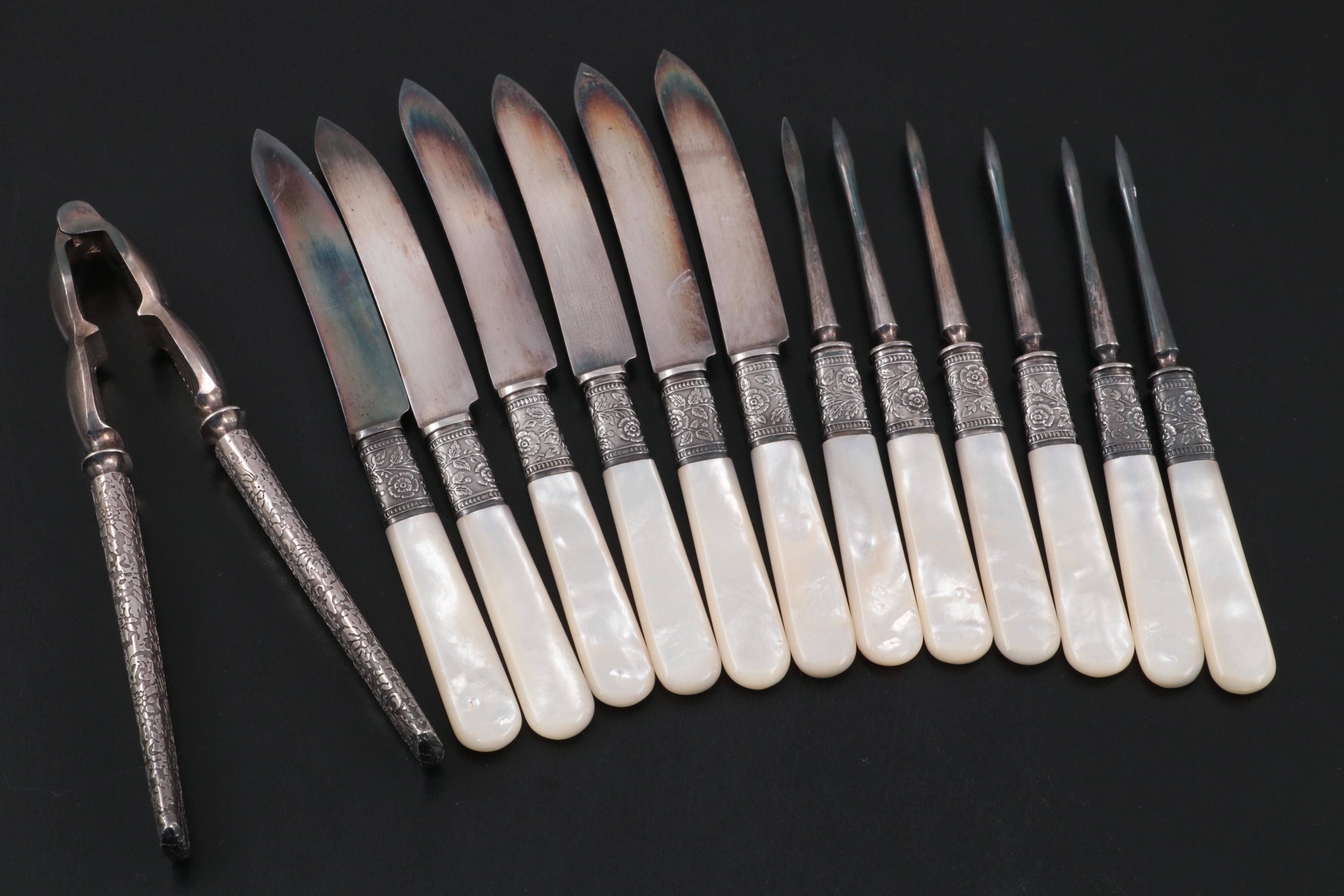 Landers, Frary & Clark MOP with Sterling Silver Bolsters Fruit Knives and Pics