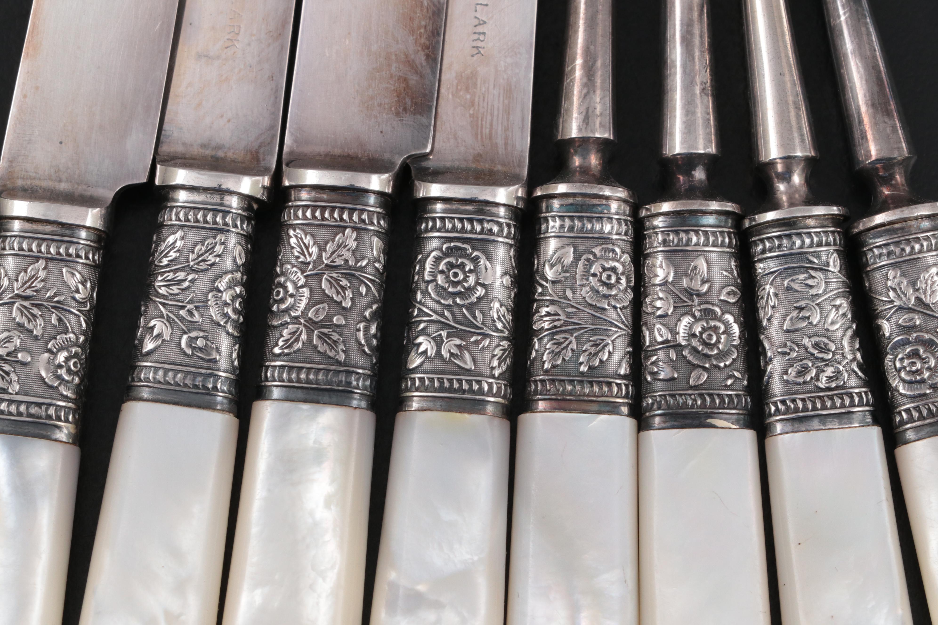 Landers, Frary & Clark MOP with Sterling Silver Bolsters Fruit Knives and Pics