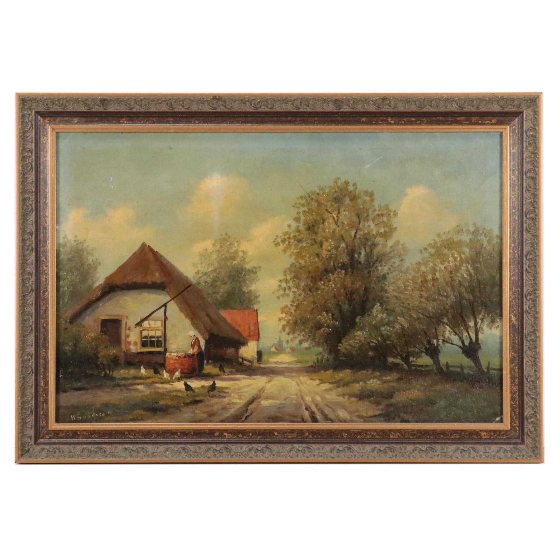 European Farm Landscape Oil Painting