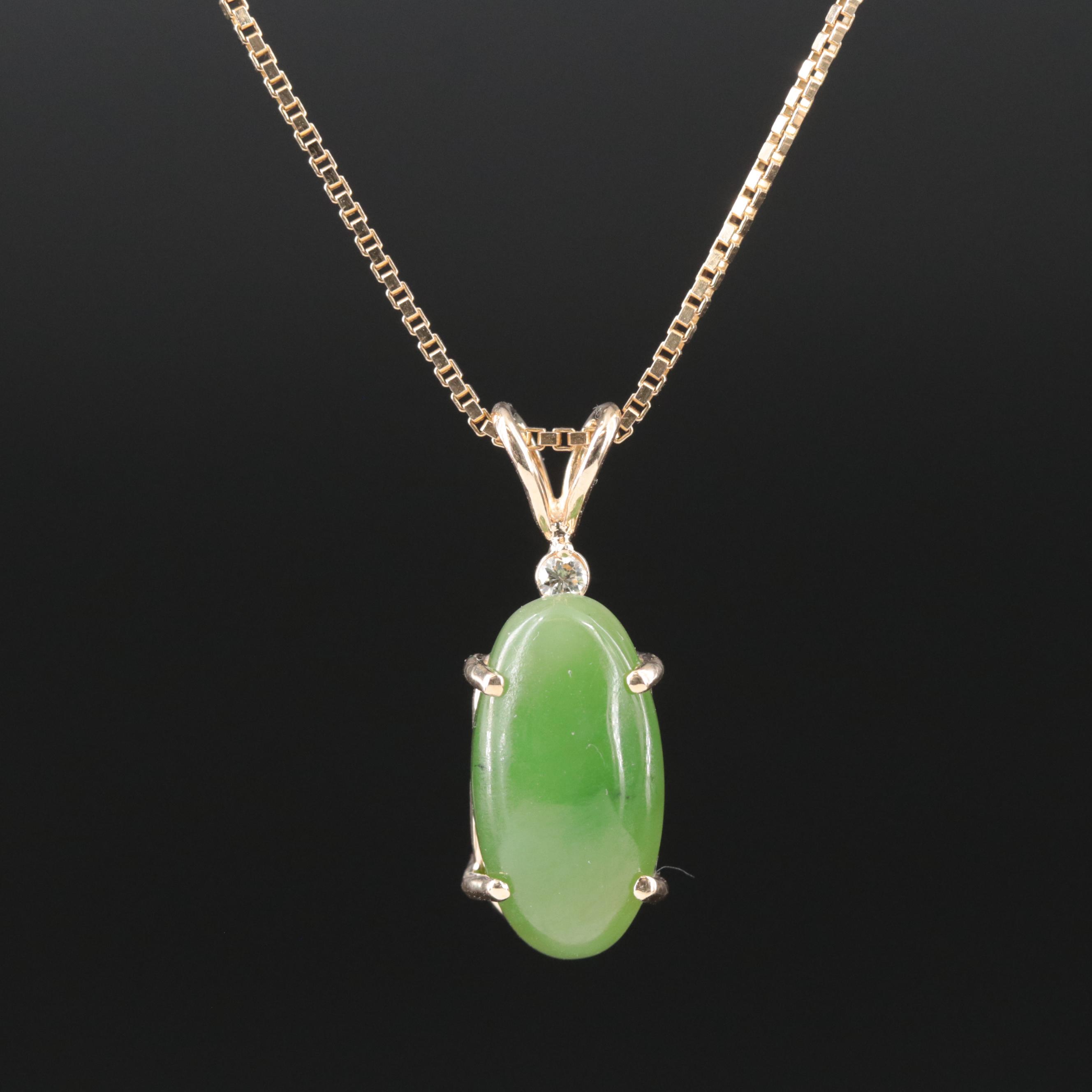 14K Nephrite and Diamond Pendant Necklace