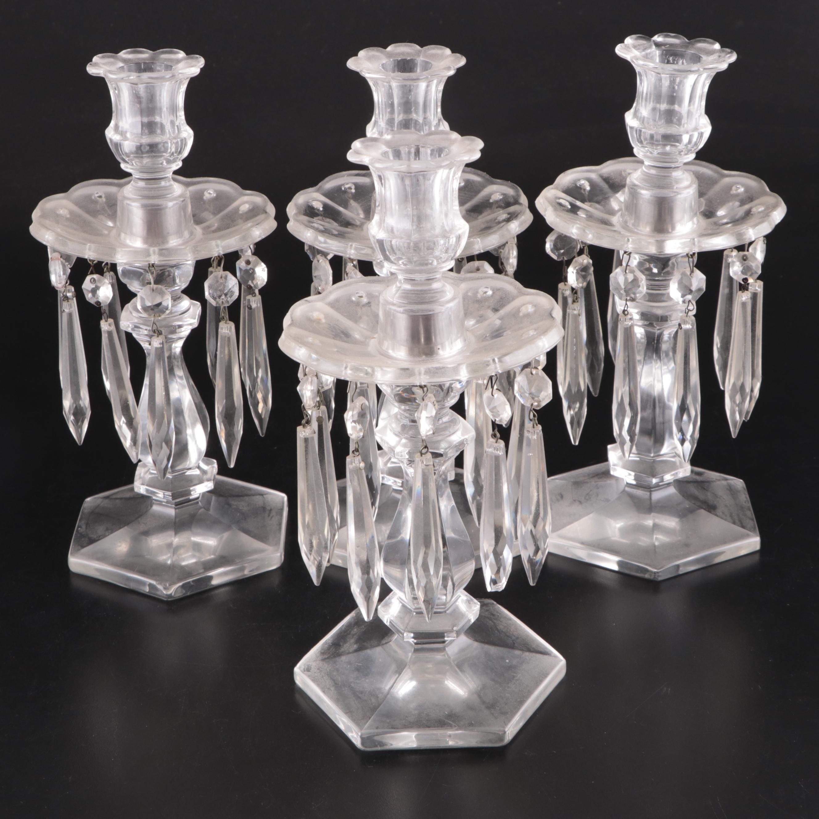 Victorian Style Glass Candlesticks with Crystal Prisms, 20th Century