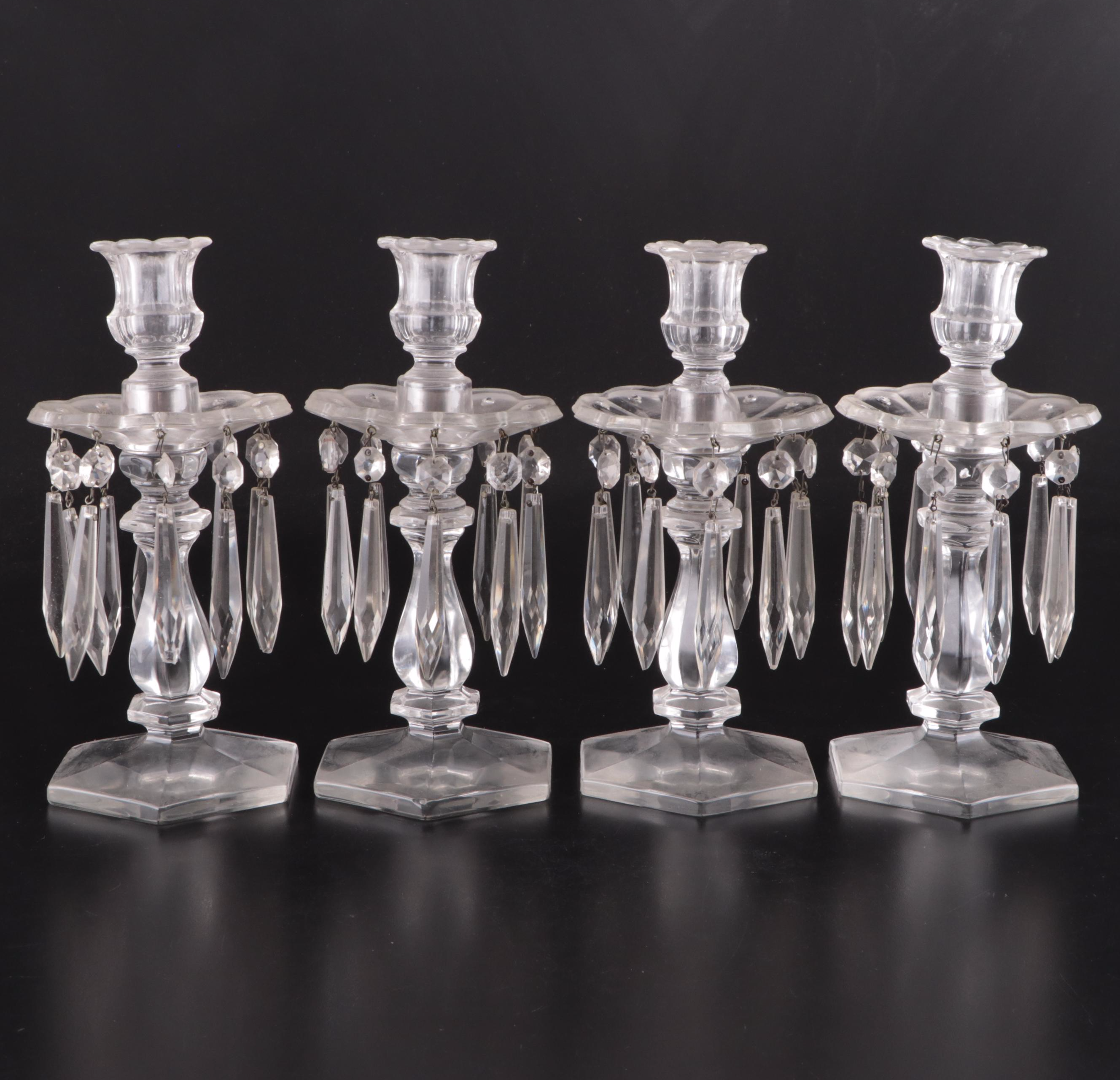 Victorian Style Glass Candlesticks with Crystal Prisms, 20th Century