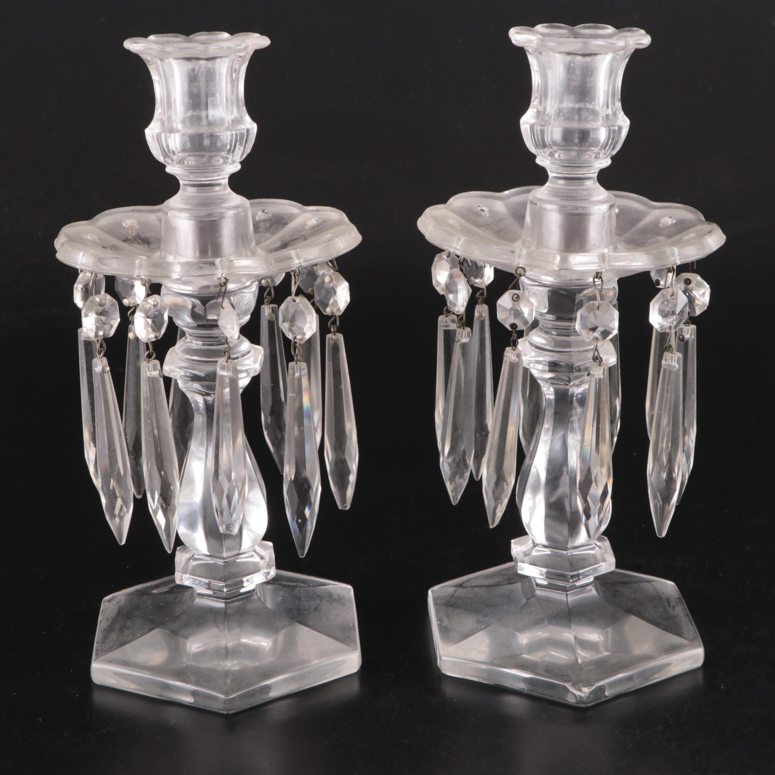Victorian Style Glass Candlesticks with Crystal Prisms, 20th Century