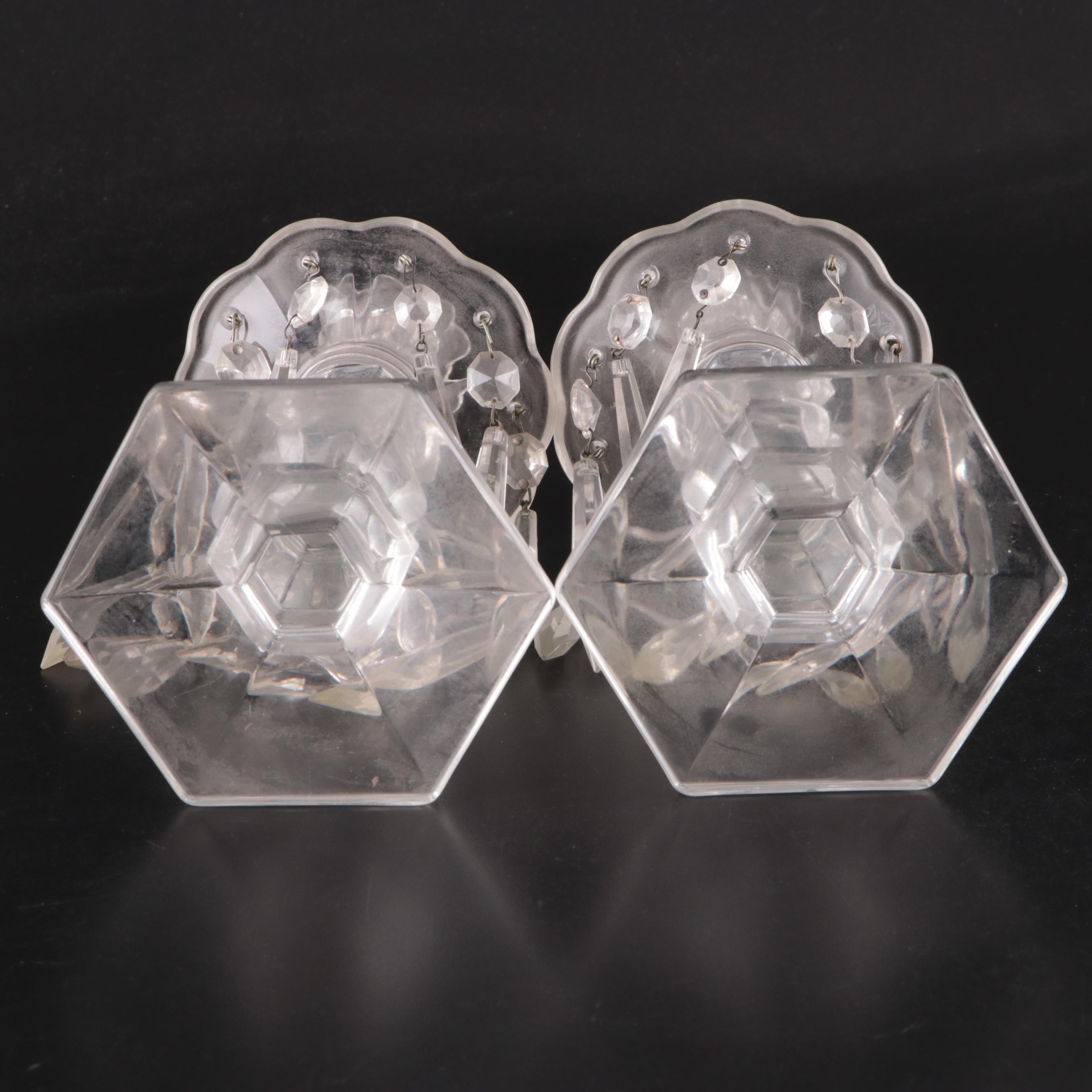 Victorian Style Glass Candlesticks with Crystal Prisms, 20th Century