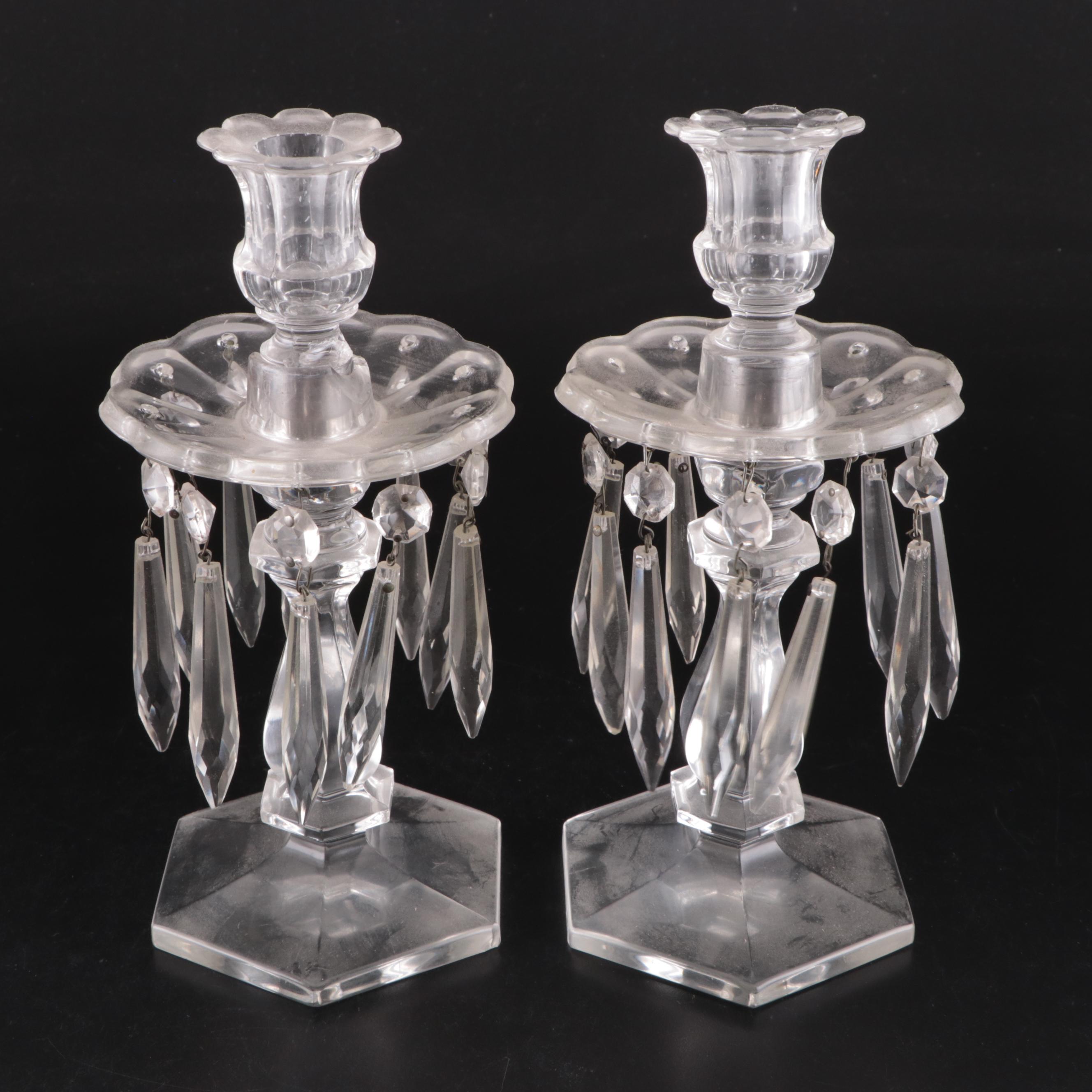 Victorian Style Glass Candlesticks with Crystal Prisms, 20th Century