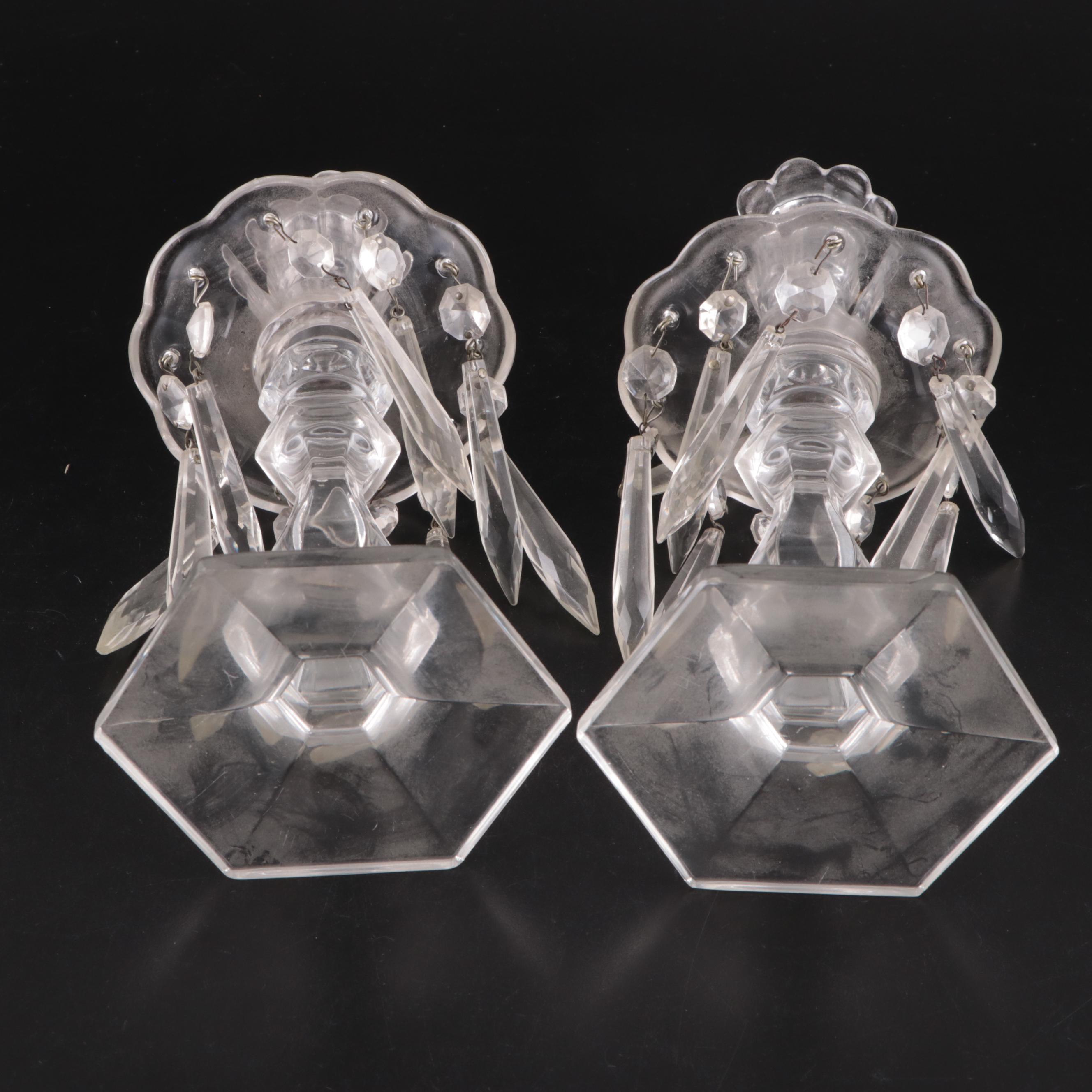 Victorian Style Glass Candlesticks with Crystal Prisms, 20th Century