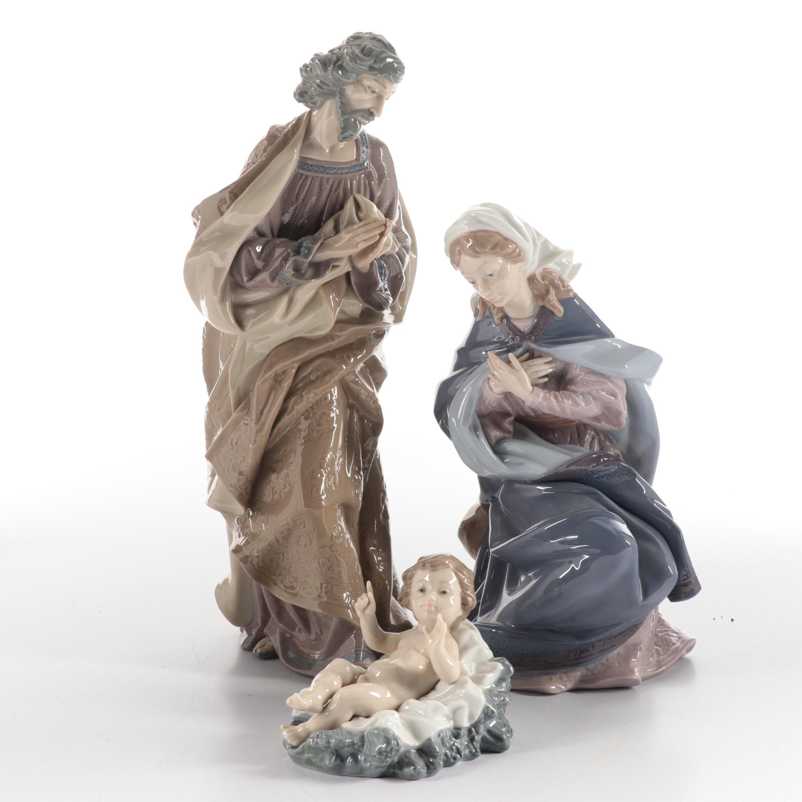 Lladró "St. Joseph", "Virgin Mary", and "Baby Jesus" Porcelain Nativity Figures
