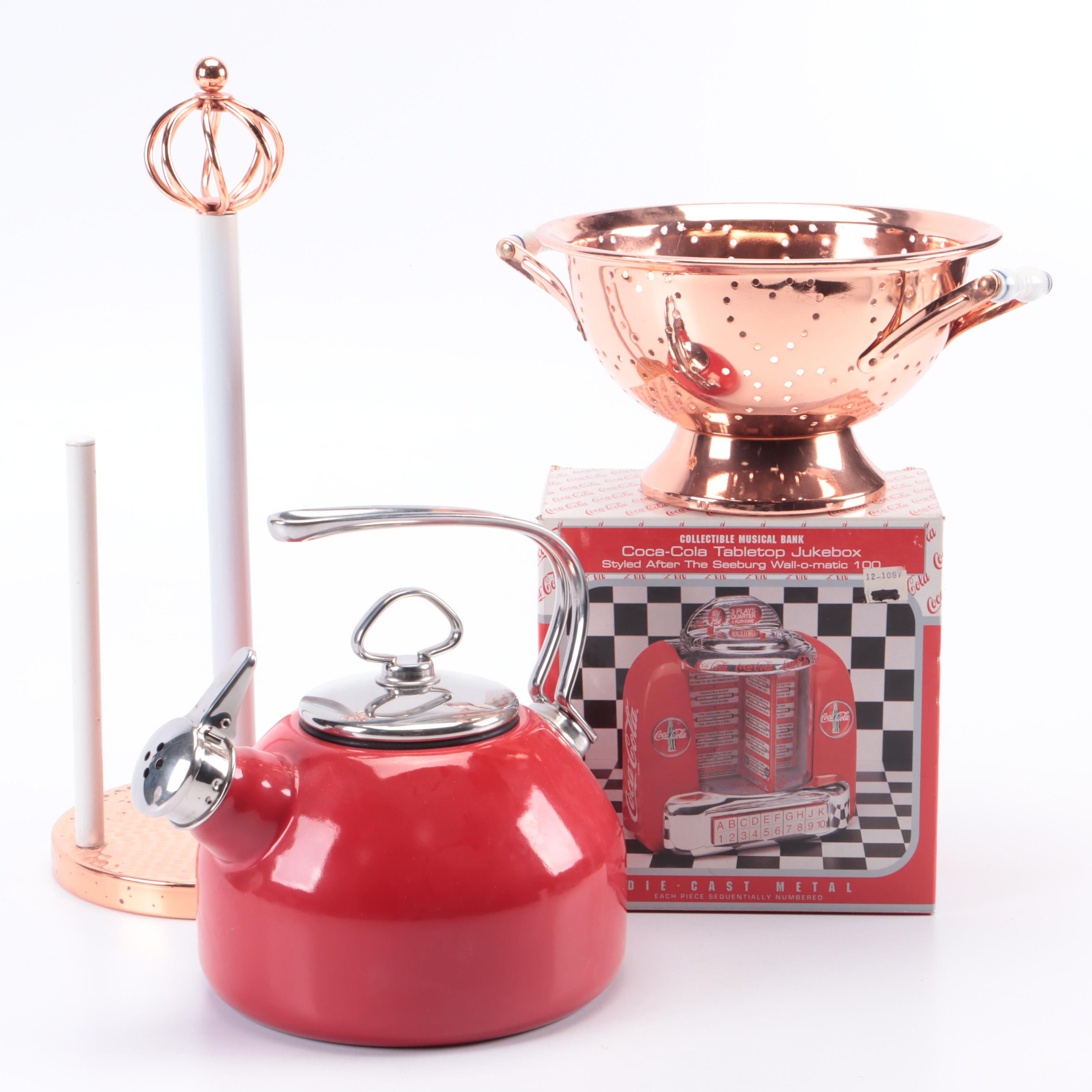 Metal Tea Kettle with Copper Kitchen Decor and Tabletop Jukebox Bank