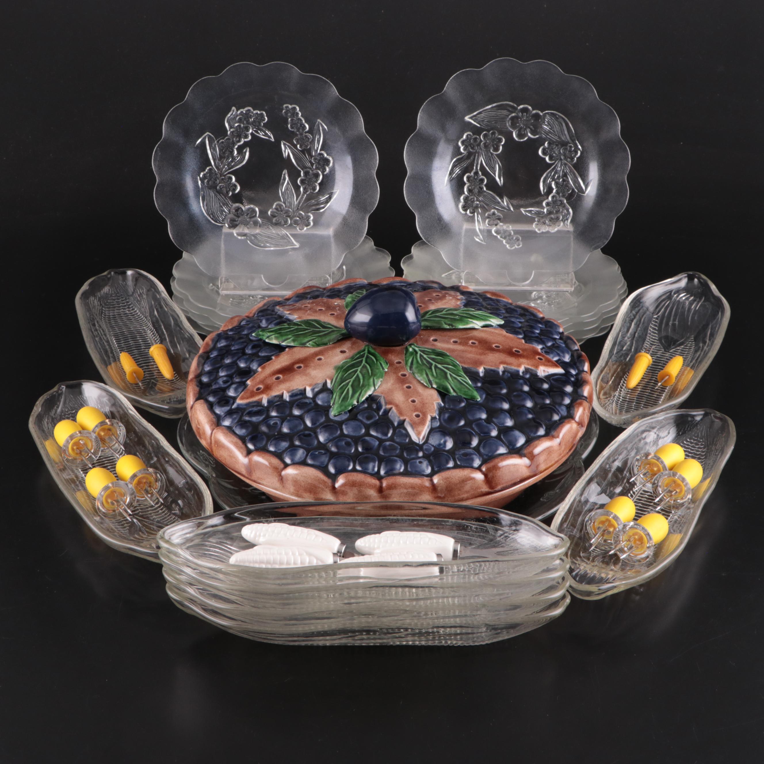 Blueberry Pie Lidded Dish with Glass Corn Cob Dishes, Corn Servers and Plates