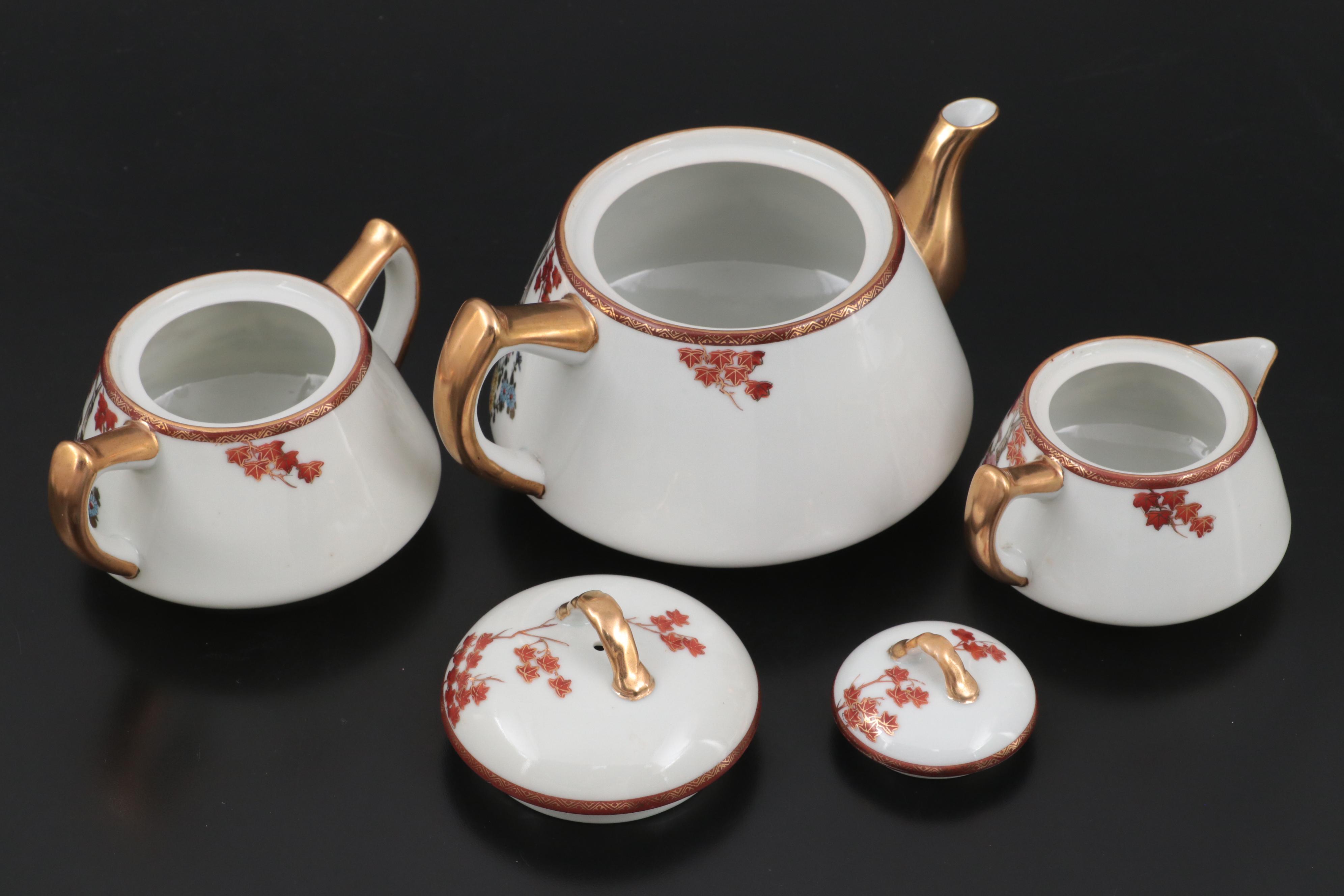 Japanese Kutani Ware Porcelain Tea Set and Plates