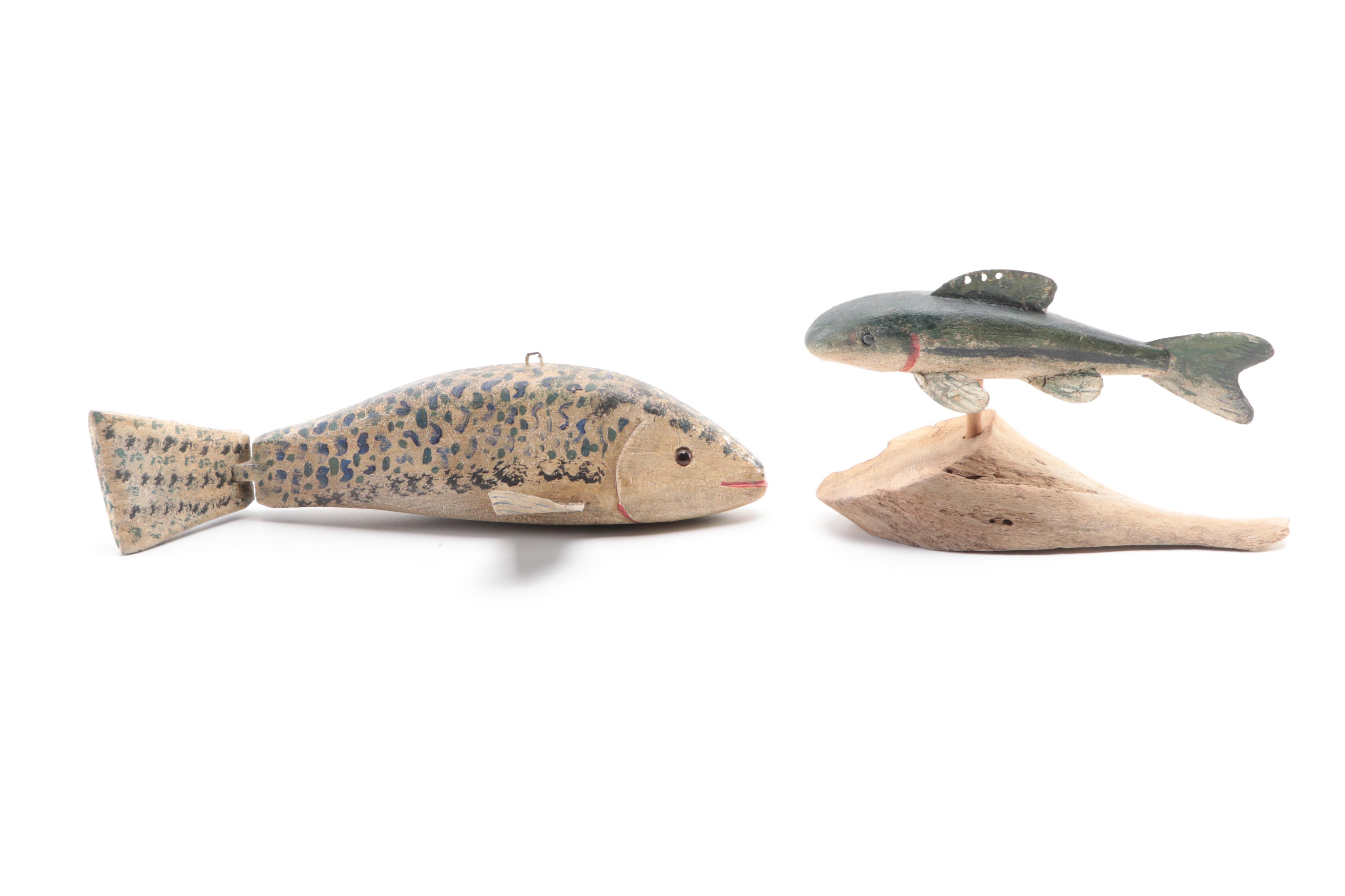 Folk Art Painted Wood Fish and Sculpture Décor