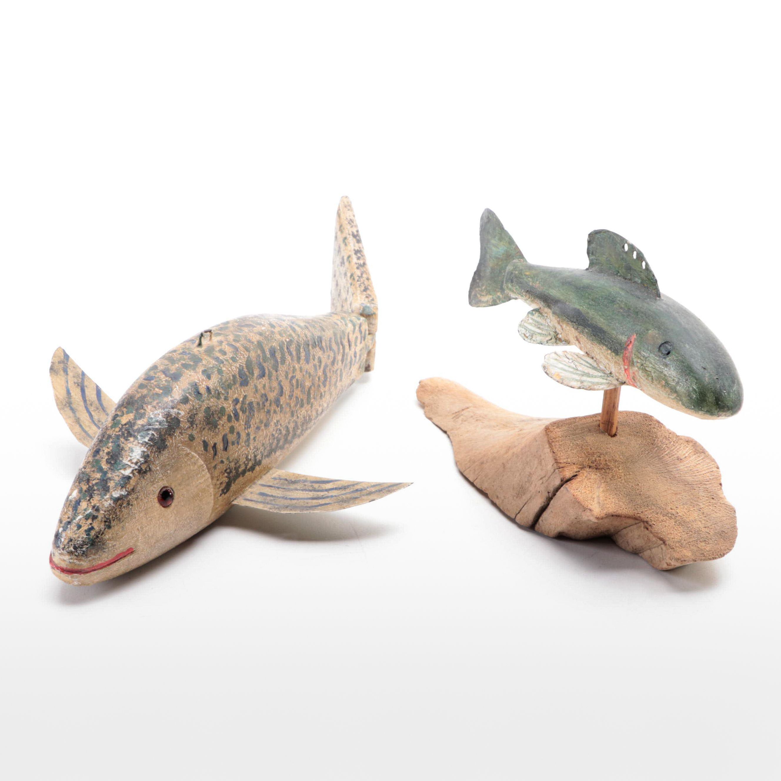 Folk Art Painted Wood Fish and Sculpture Décor
