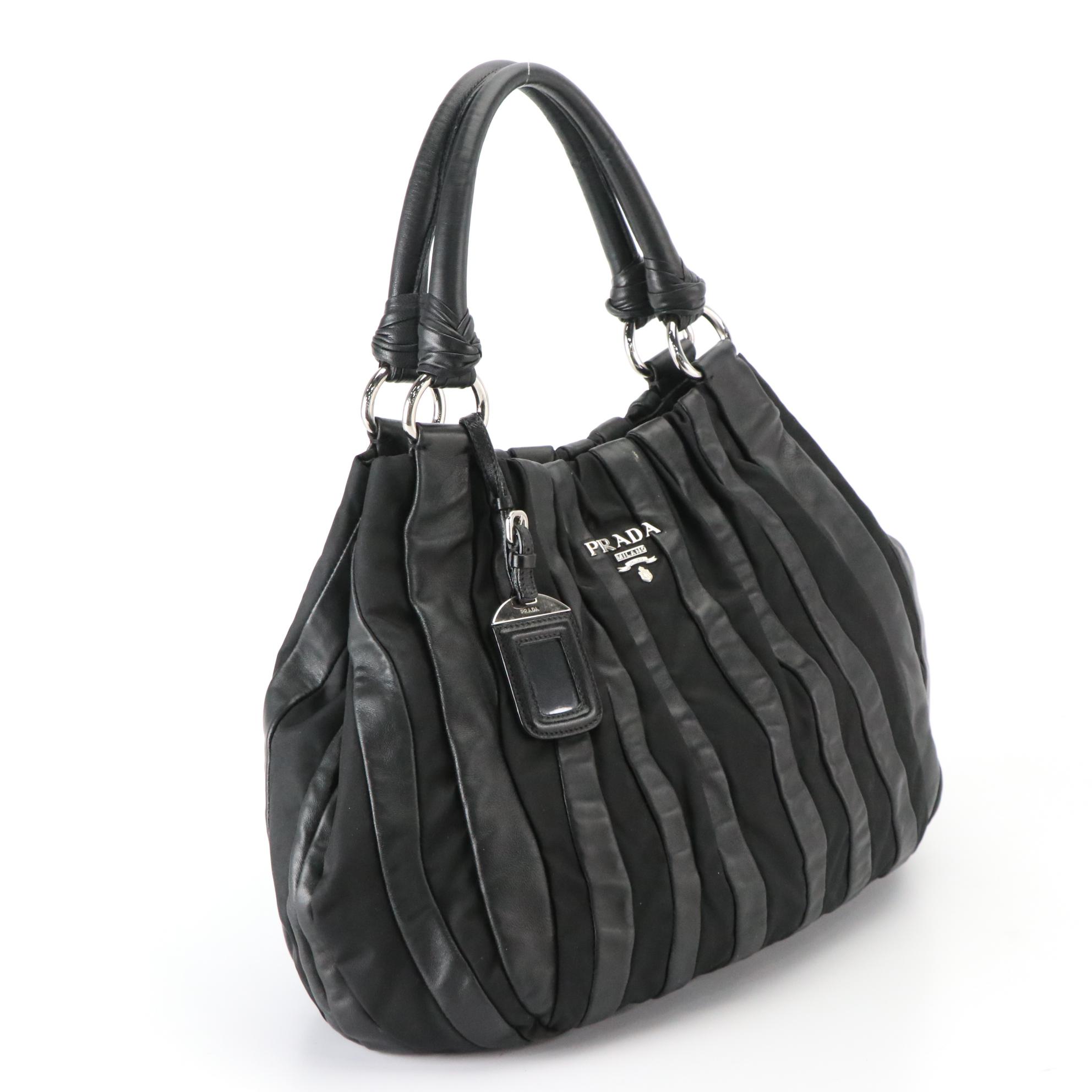 Prada Black Tessuto Nylon and Nappa Leather Mordore Stripes Handbag