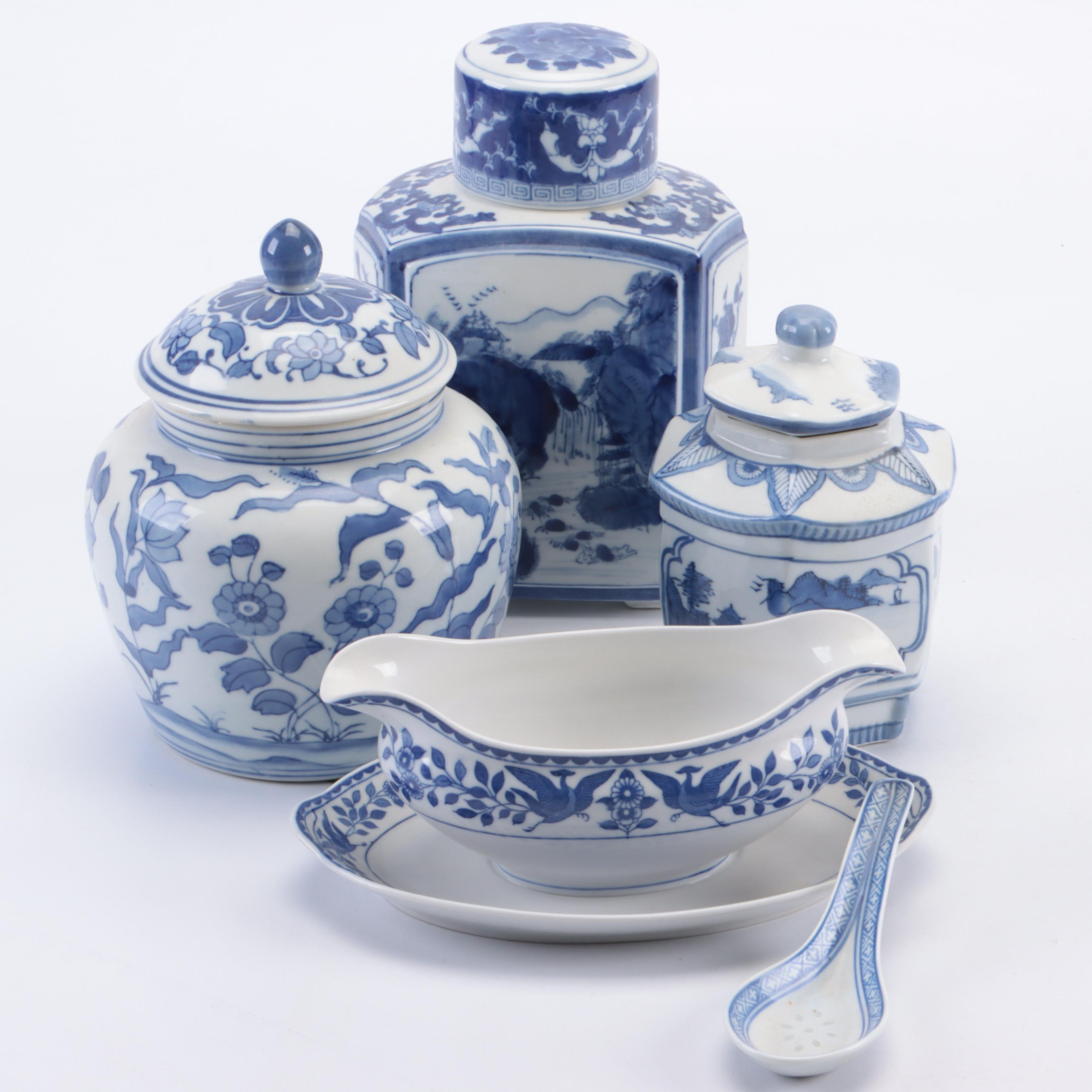 Japanese Twin Phoenix Sauce Boat with Other Blue and White Ginger Jars