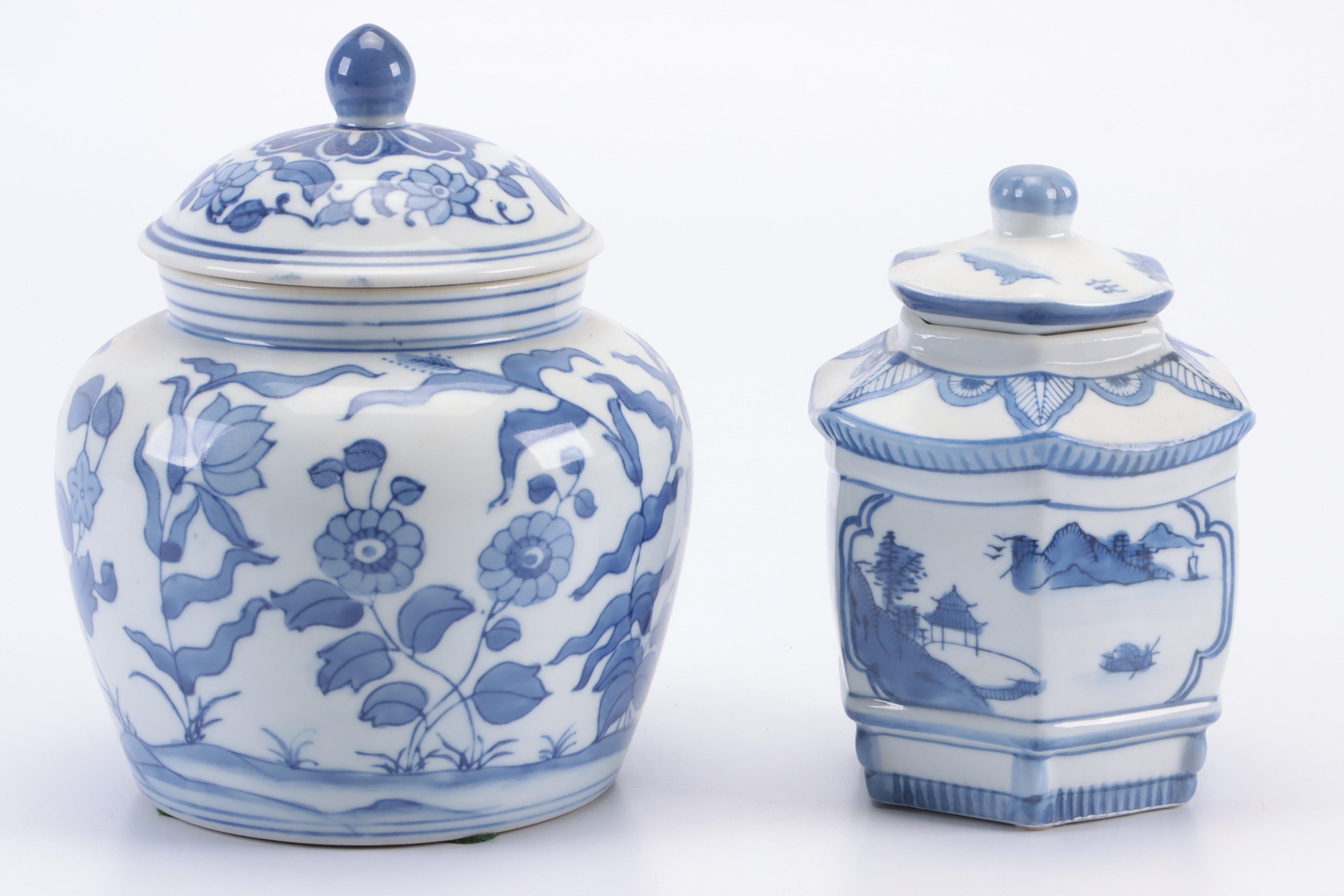 Japanese Twin Phoenix Sauce Boat with Other Blue and White Ginger Jars