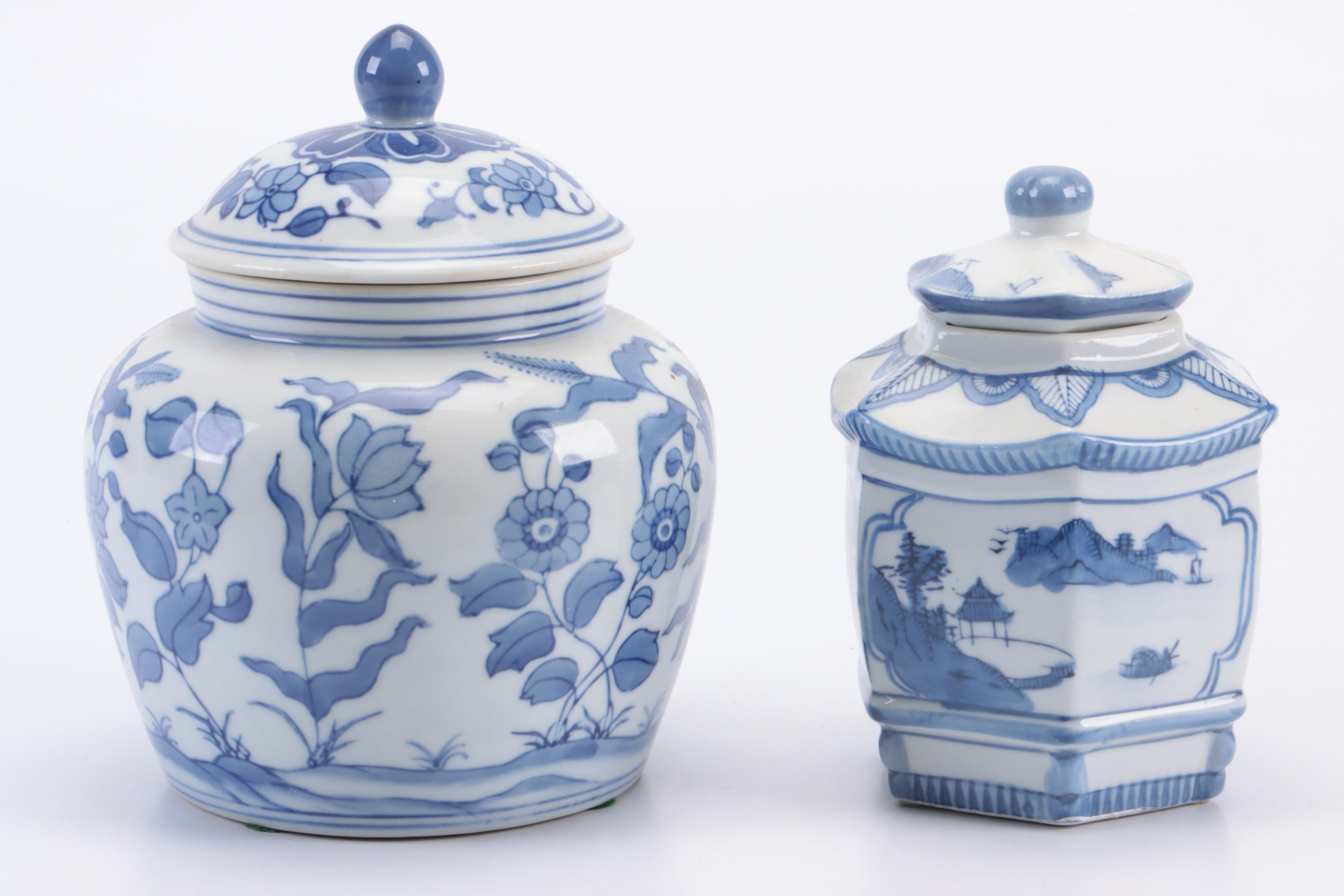 Japanese Twin Phoenix Sauce Boat with Other Blue and White Ginger Jars
