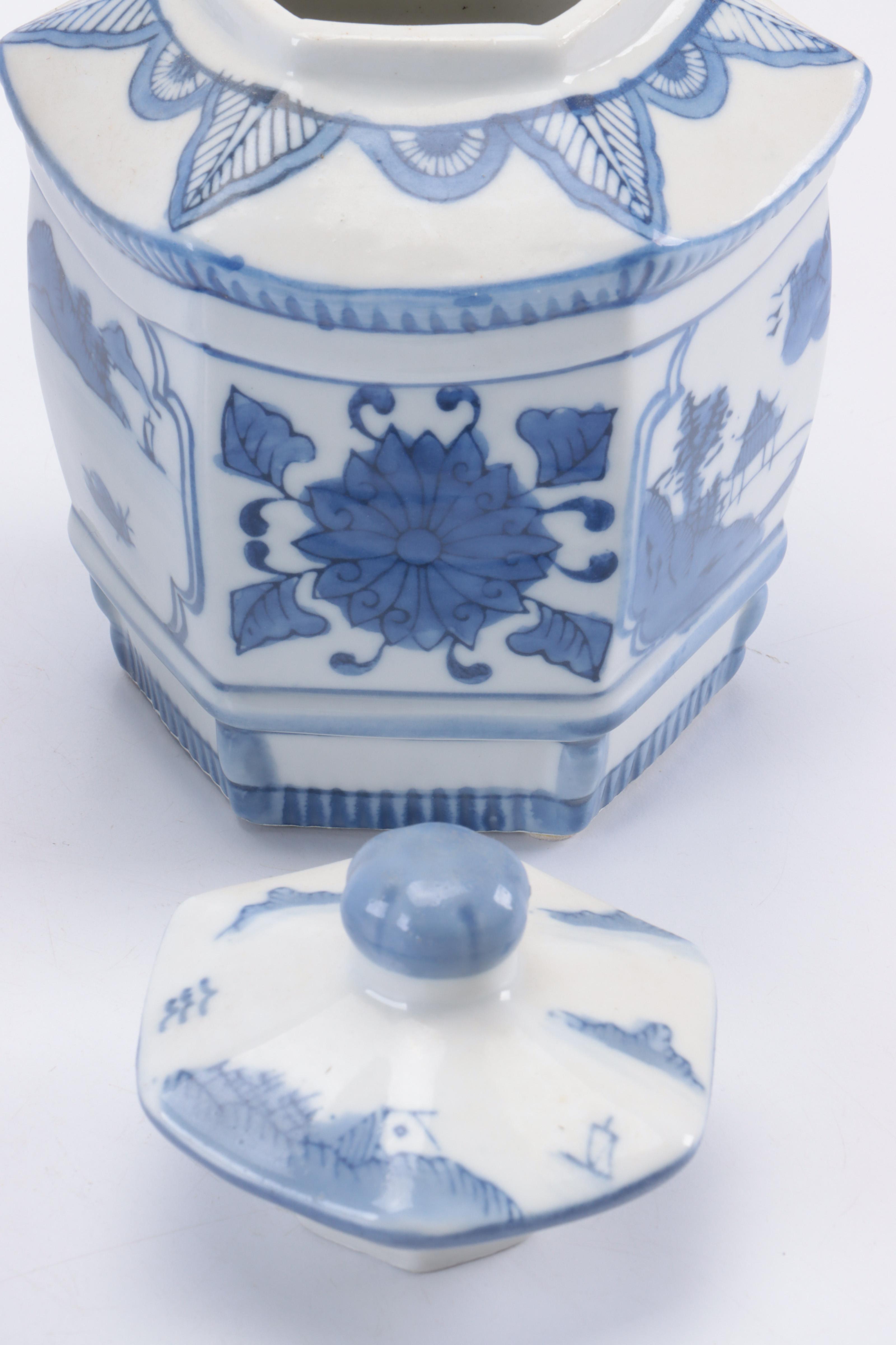 Japanese Twin Phoenix Sauce Boat with Other Blue and White Ginger Jars