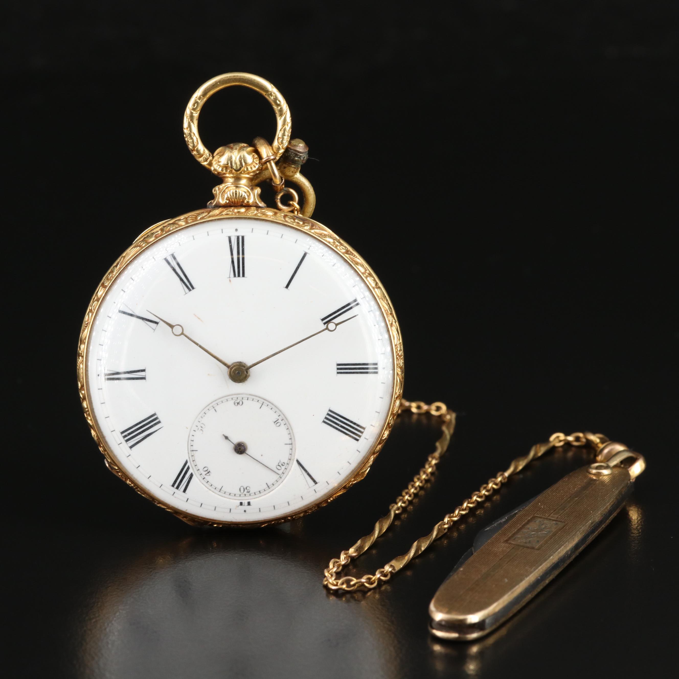 18K Antique European Pocket Watch with Chain, Pocket Knife
