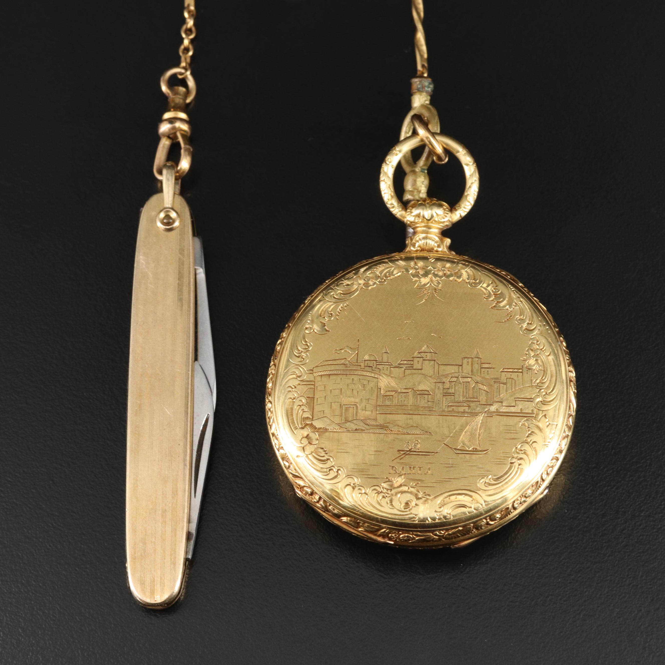 18K Antique European Pocket Watch with Chain, Pocket Knife
