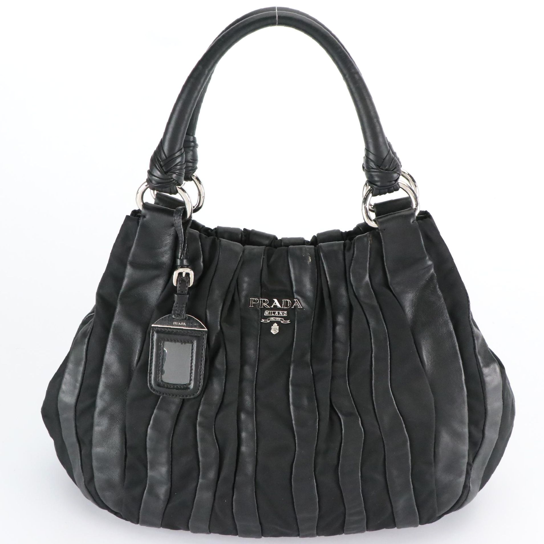 Prada Black Tessuto Nylon and Nappa Leather Mordore Stripes Handbag