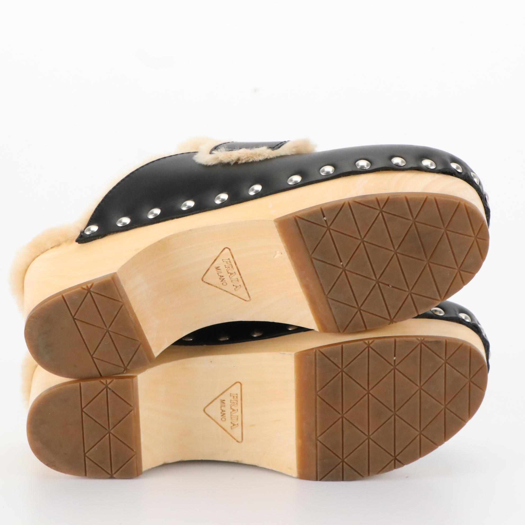 Prada Studded Black Leather Fur Lined Clogs
