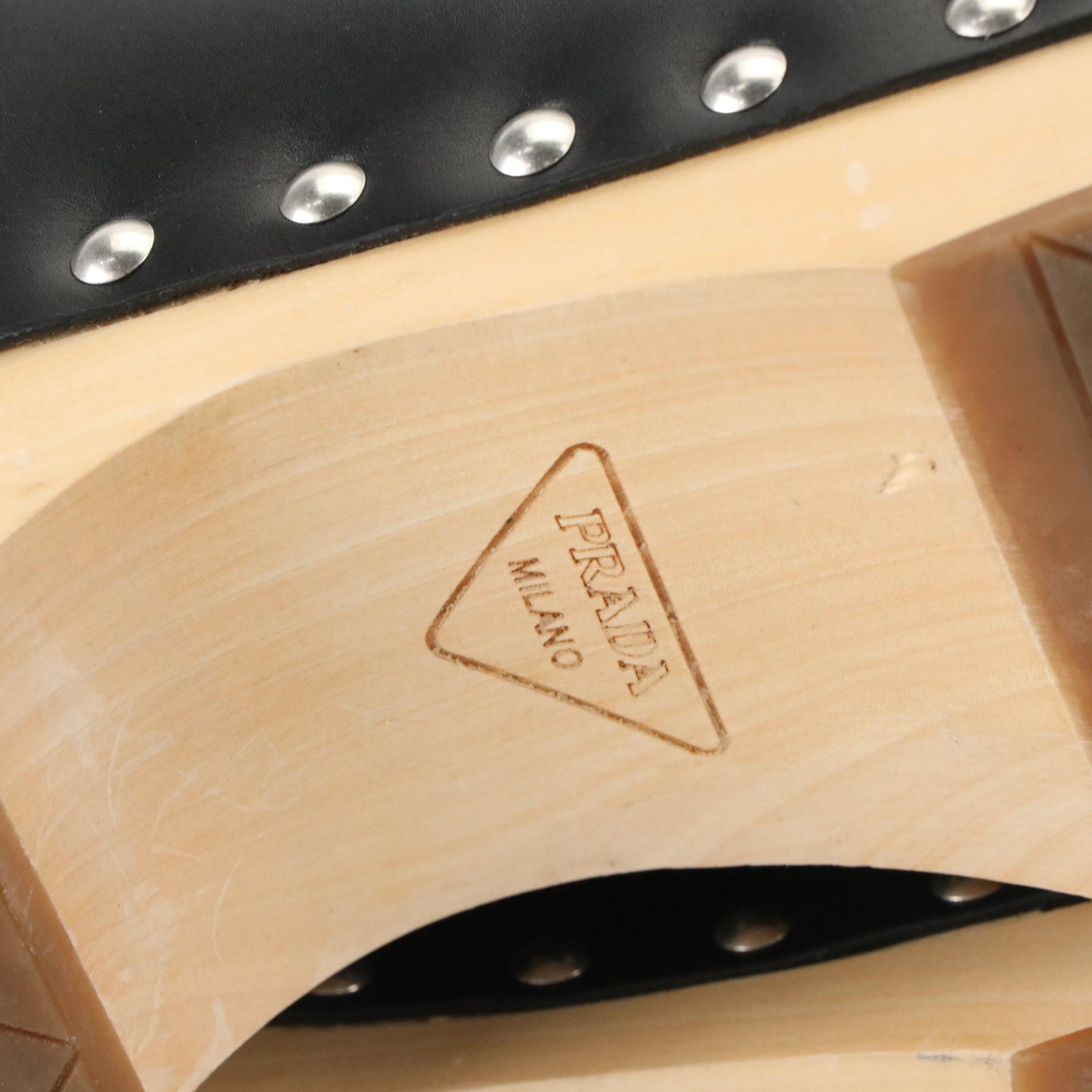 Prada Studded Black Leather Fur Lined Clogs