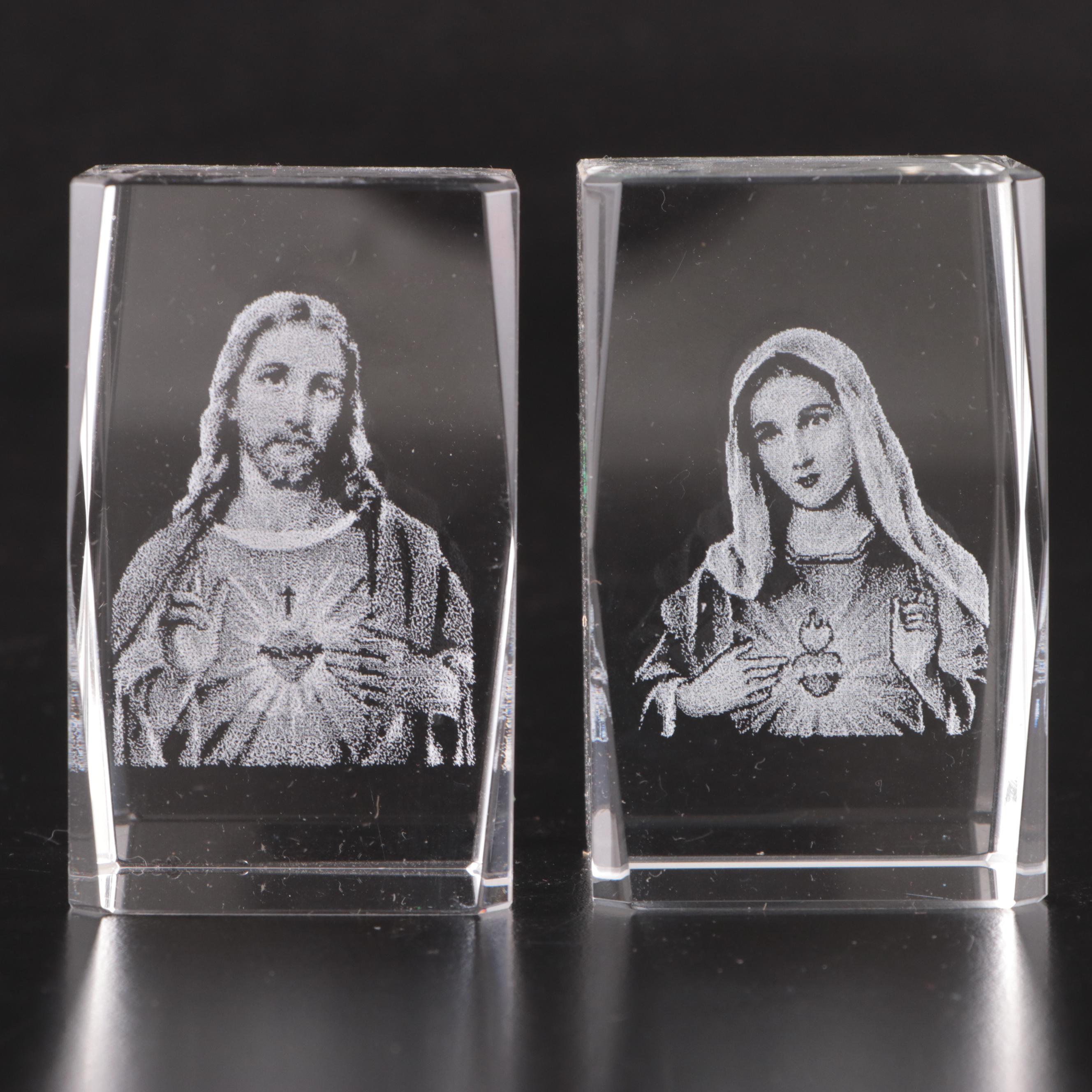 Laser Etched Glass Mary and Jesus Paperweights