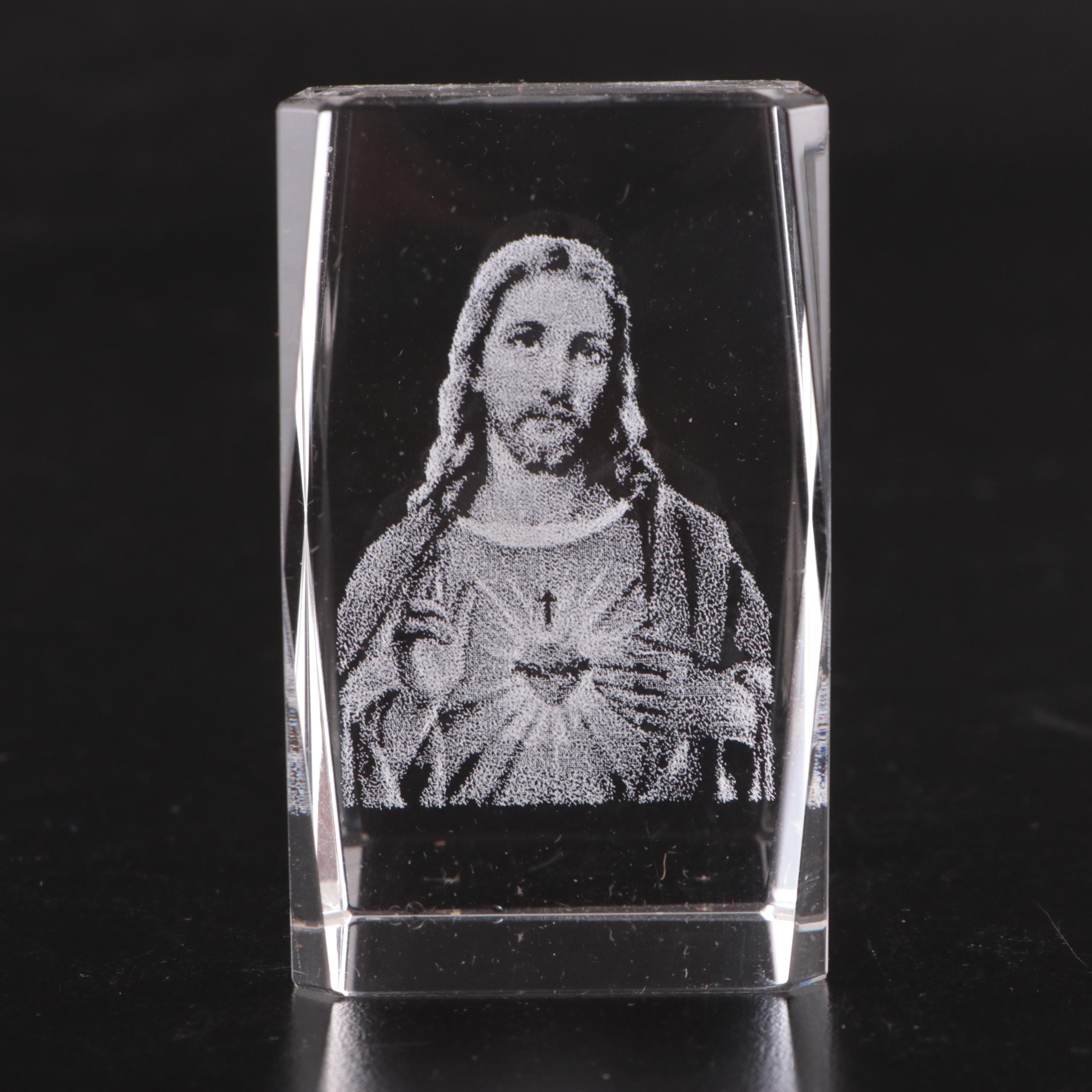 Laser Etched Glass Mary and Jesus Paperweights