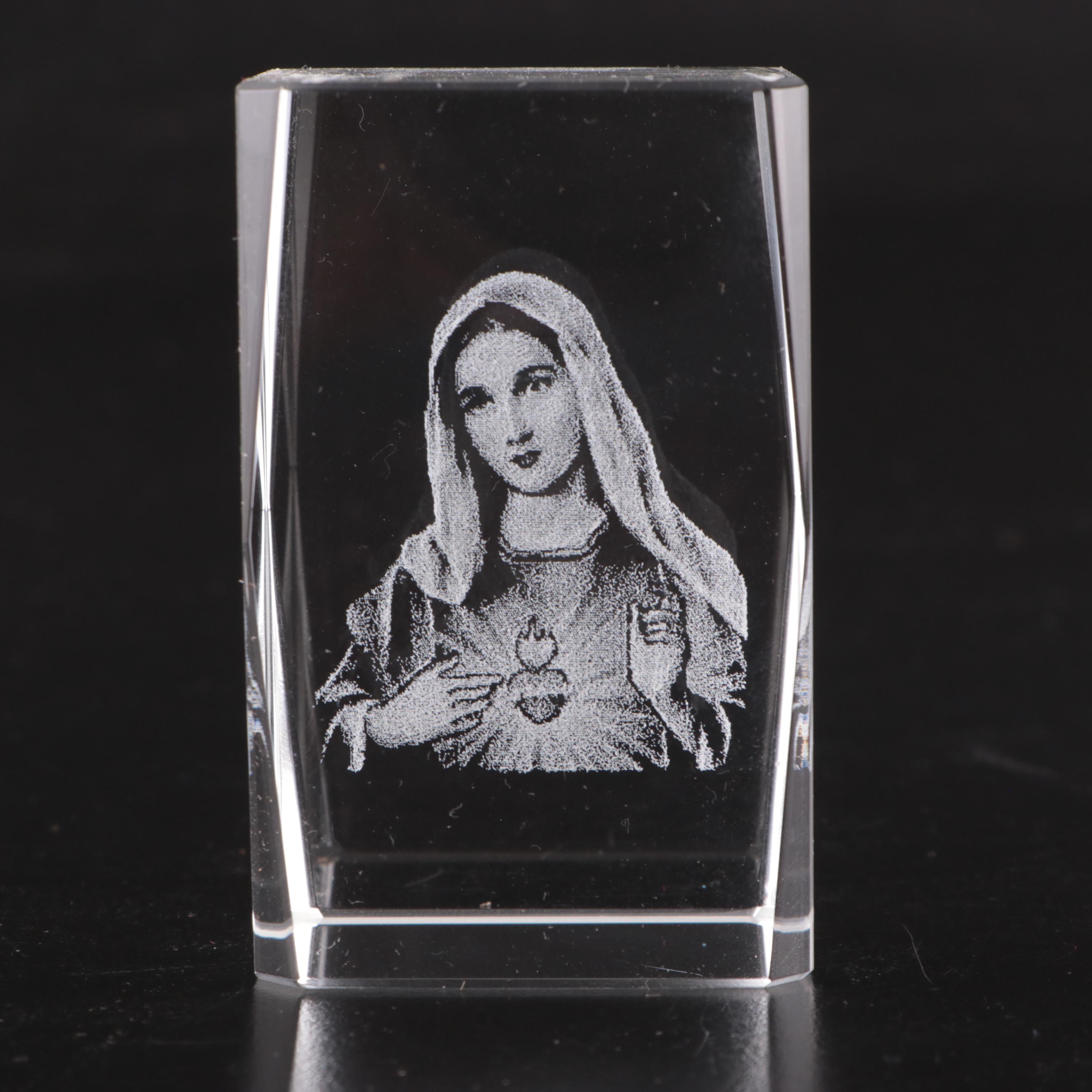 Laser Etched Glass Mary and Jesus Paperweights