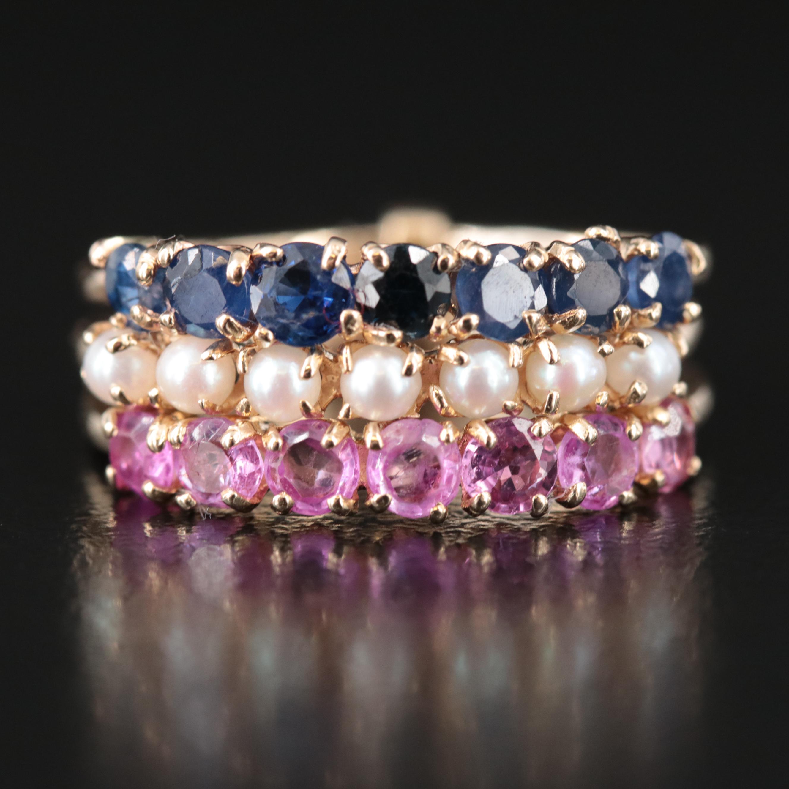 14K Pink Sapphire, Seed Pearl and Sapphire Conjoined Rings