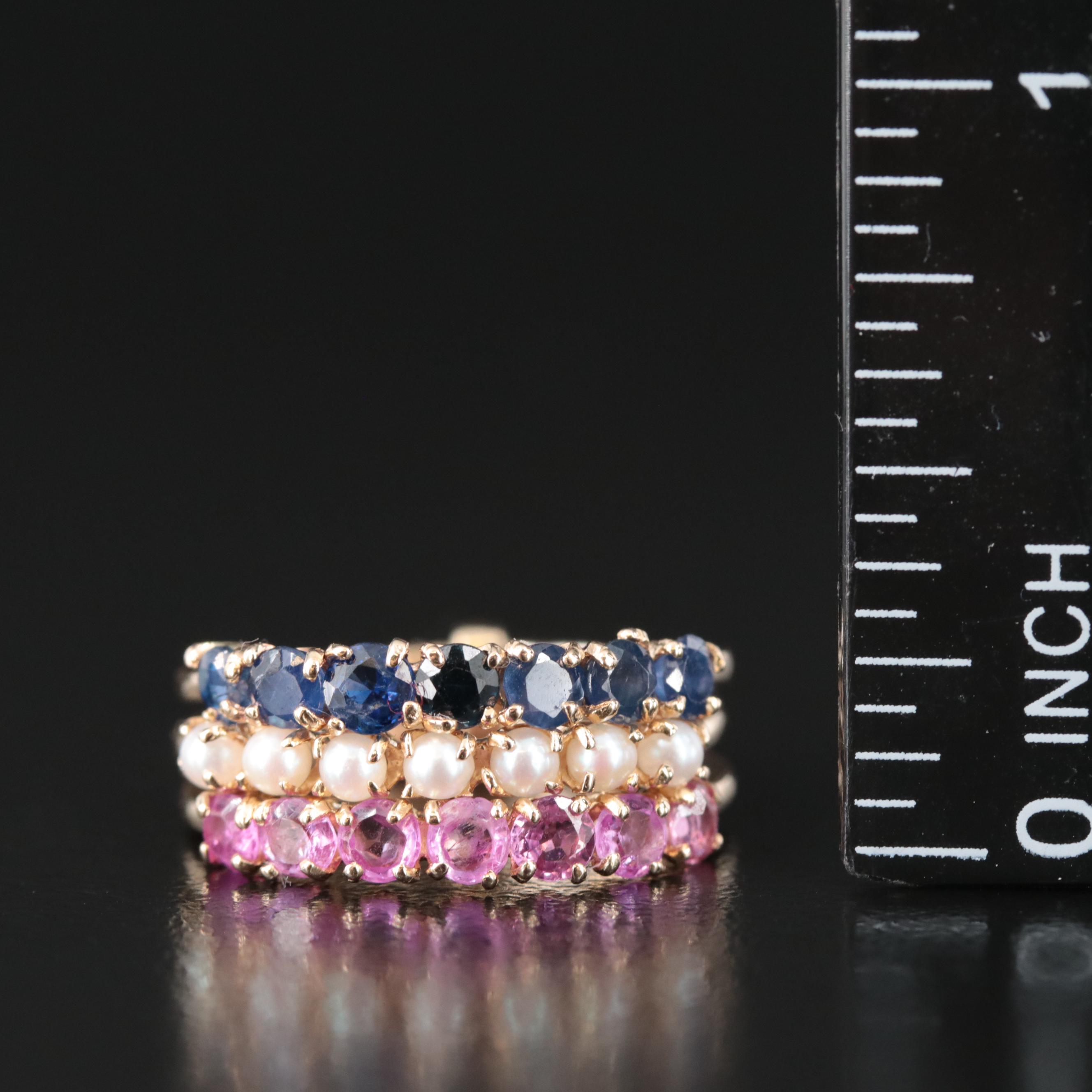 14K Pink Sapphire, Seed Pearl and Sapphire Conjoined Rings