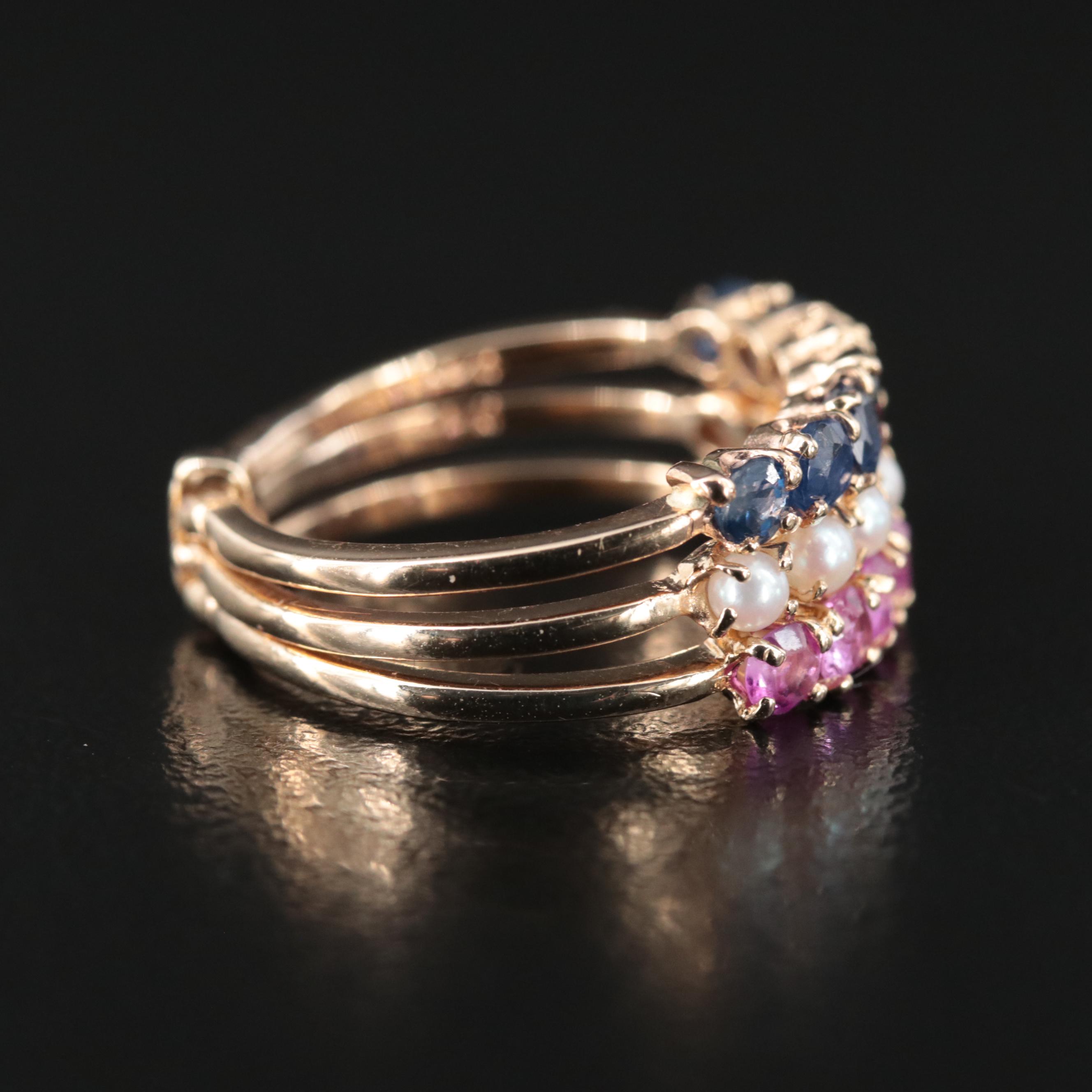 14K Pink Sapphire, Seed Pearl and Sapphire Conjoined Rings
