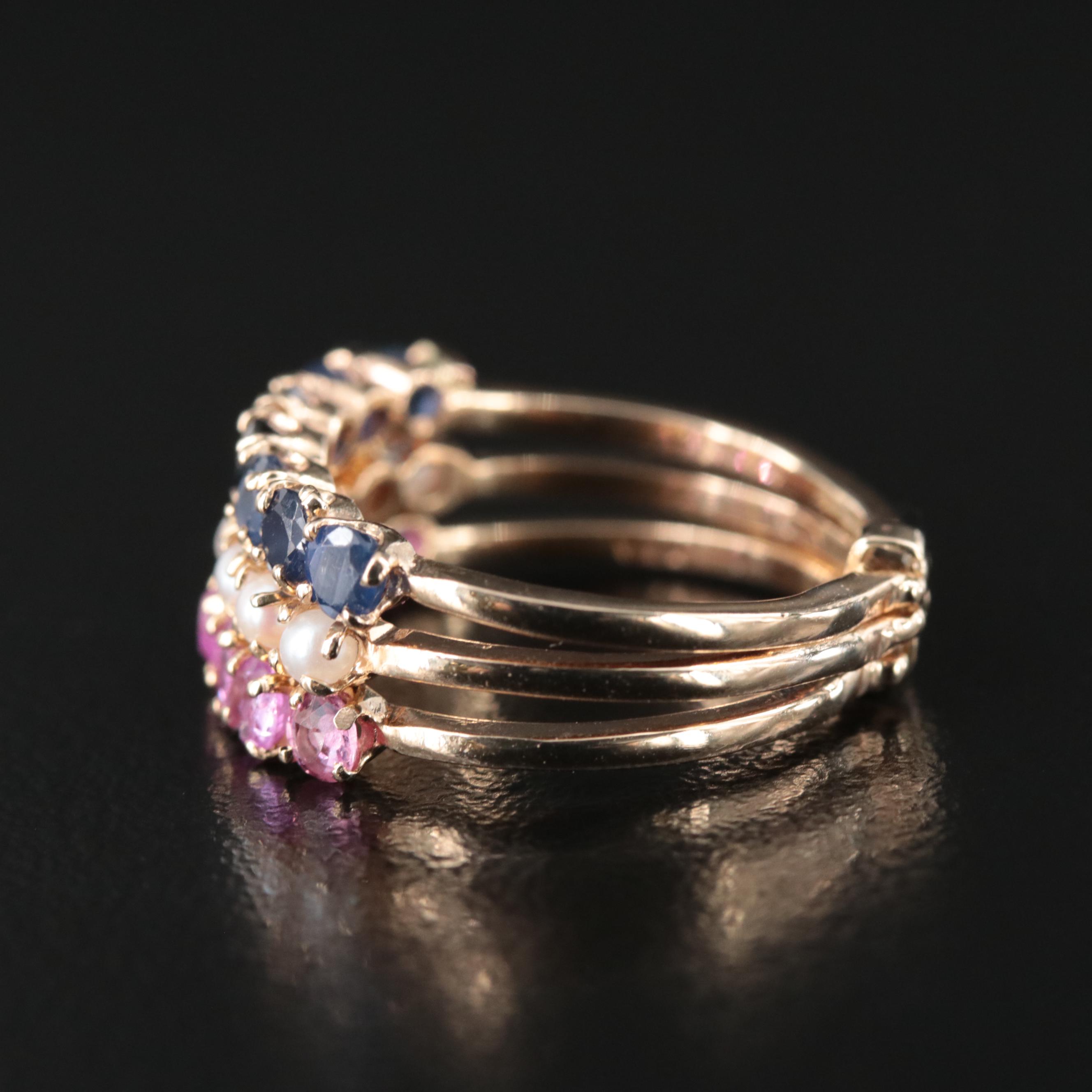 14K Pink Sapphire, Seed Pearl and Sapphire Conjoined Rings