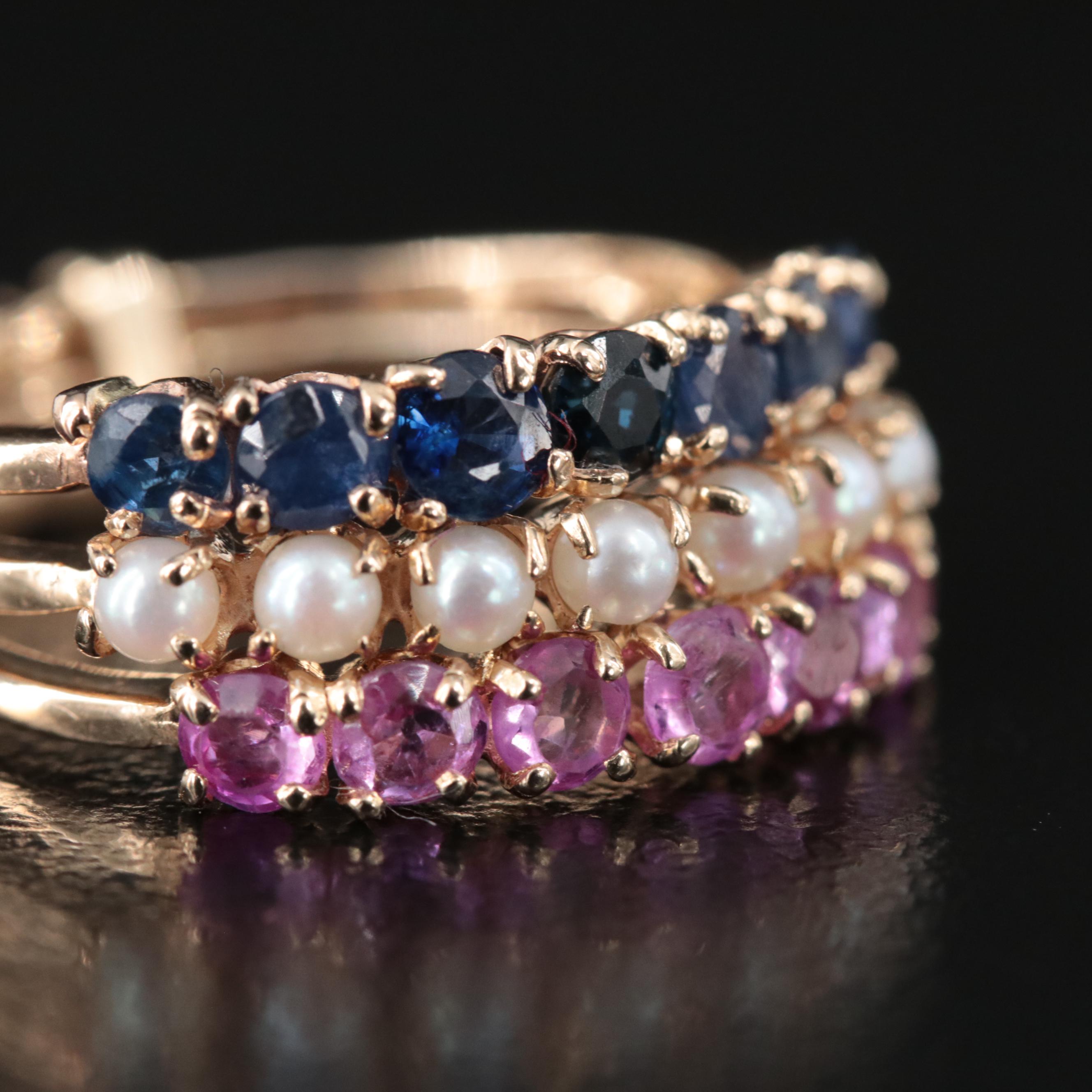 14K Pink Sapphire, Seed Pearl and Sapphire Conjoined Rings