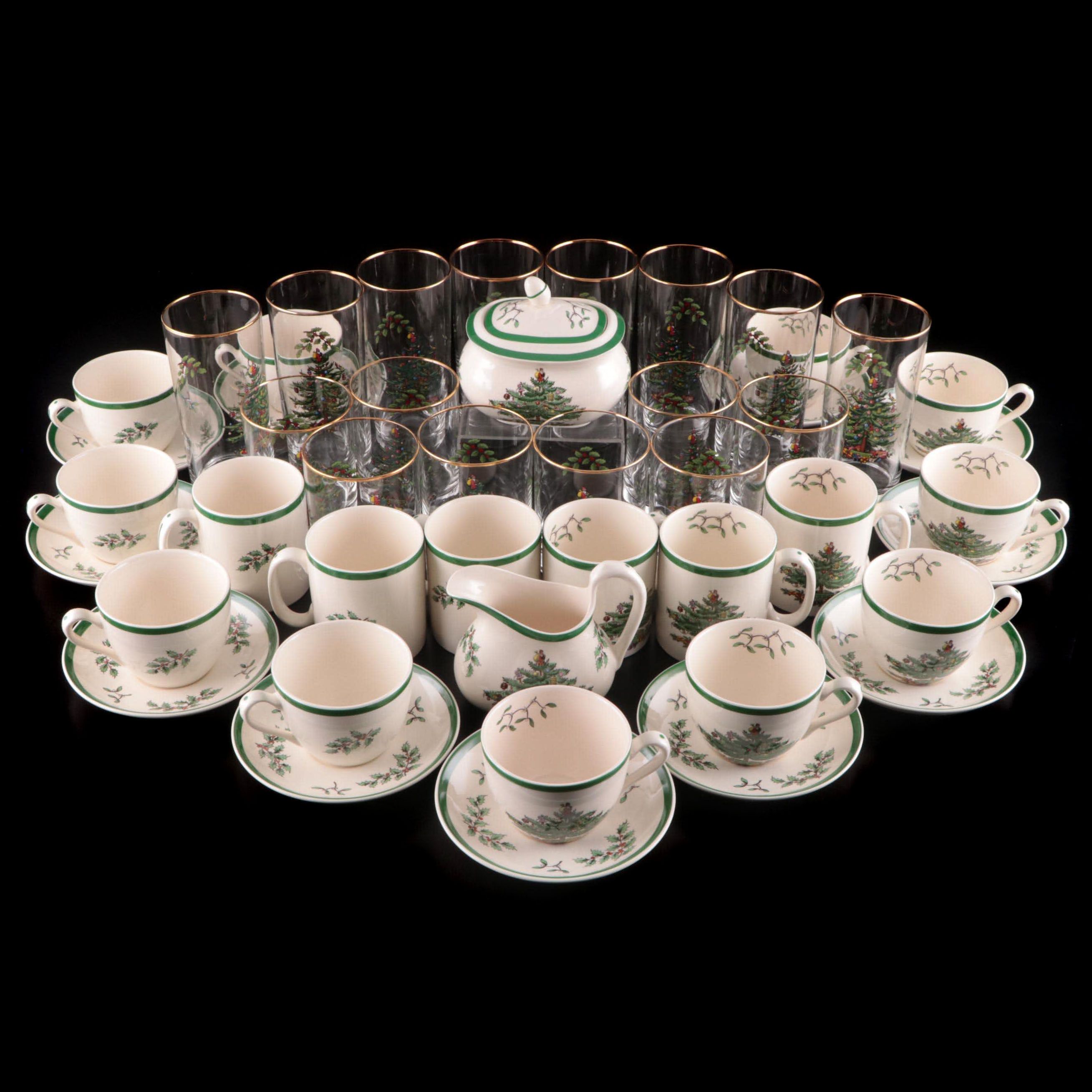 Spode "Christmas Tree" Ceramic and Glass Beverage Service