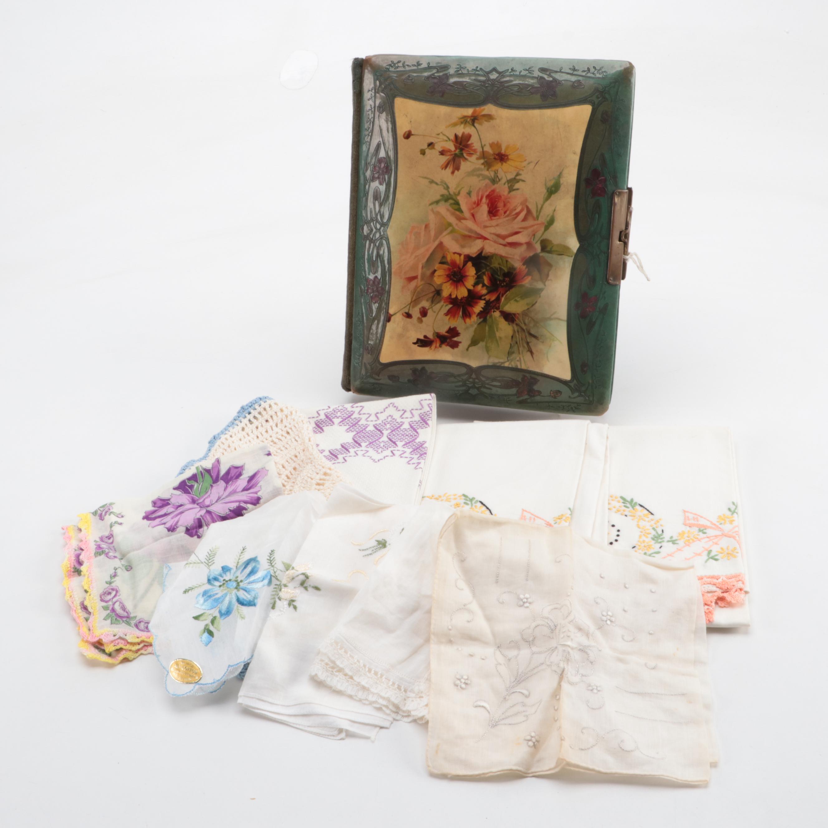 Victorian Art Nouveau Photograph Album with Crocheted and Embroidered Linens