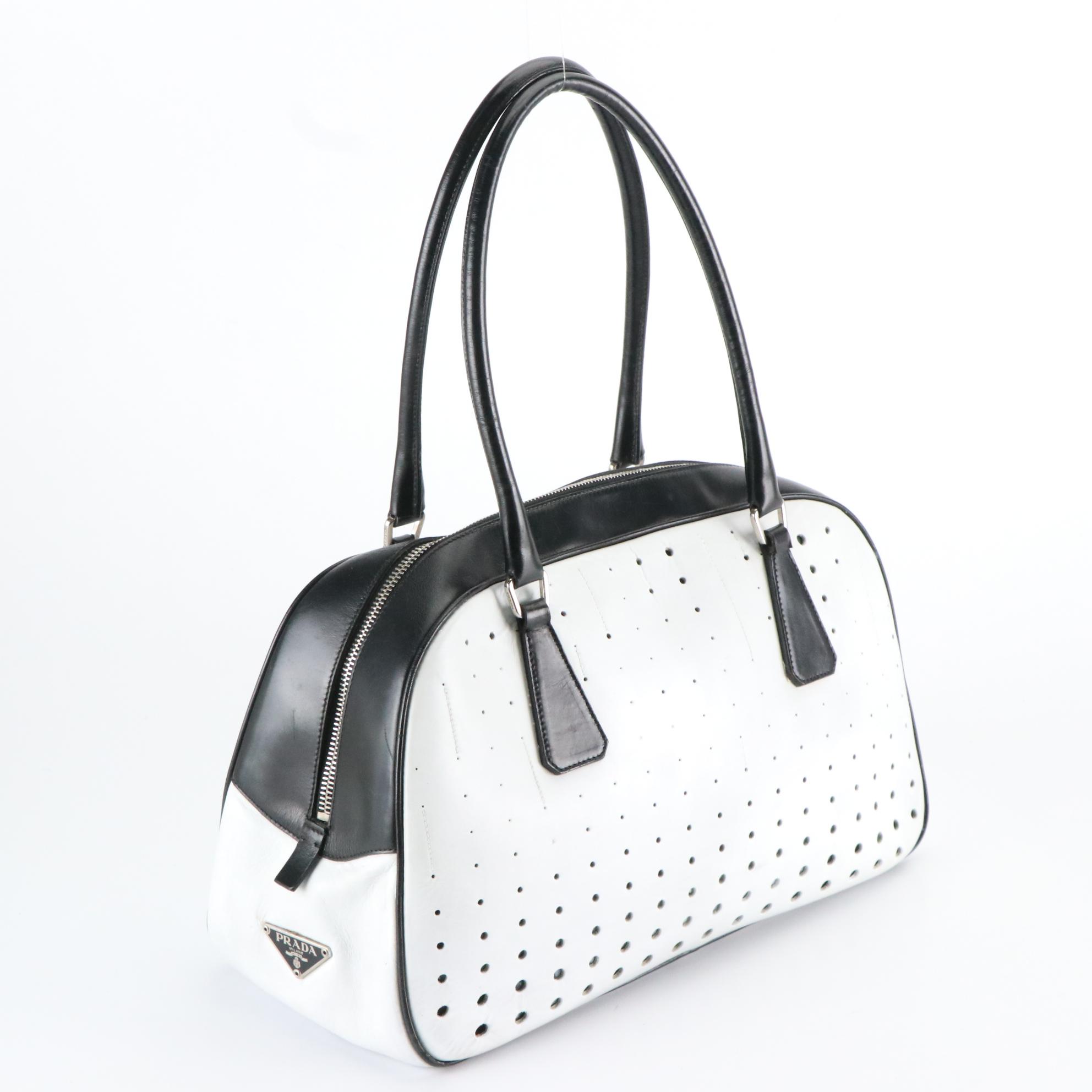 Prada Bauletto Handbag in Perforated and Smooth Black and White Leather