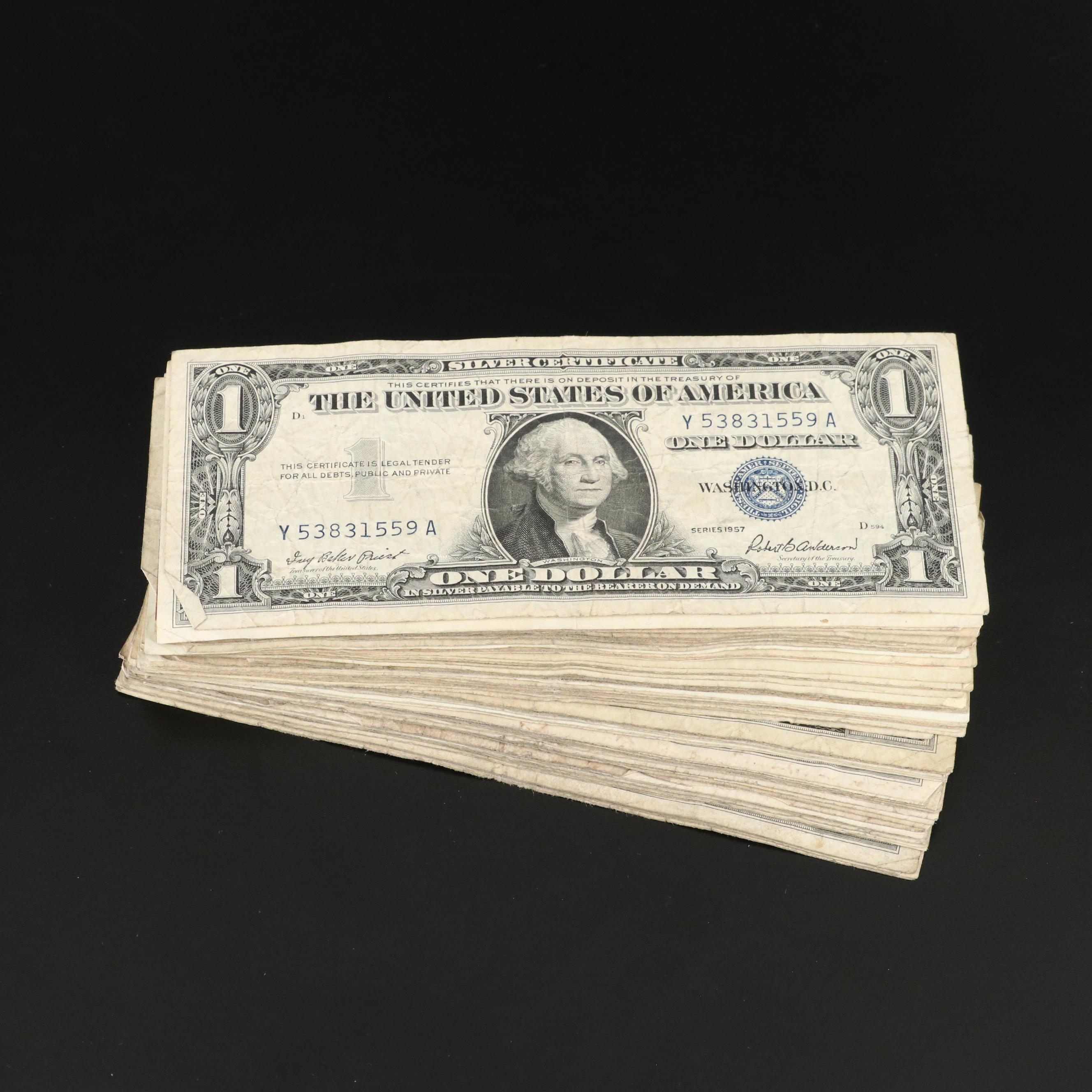 Group of Sixty $1 Dollar Silver Certificates 1935 and 1957