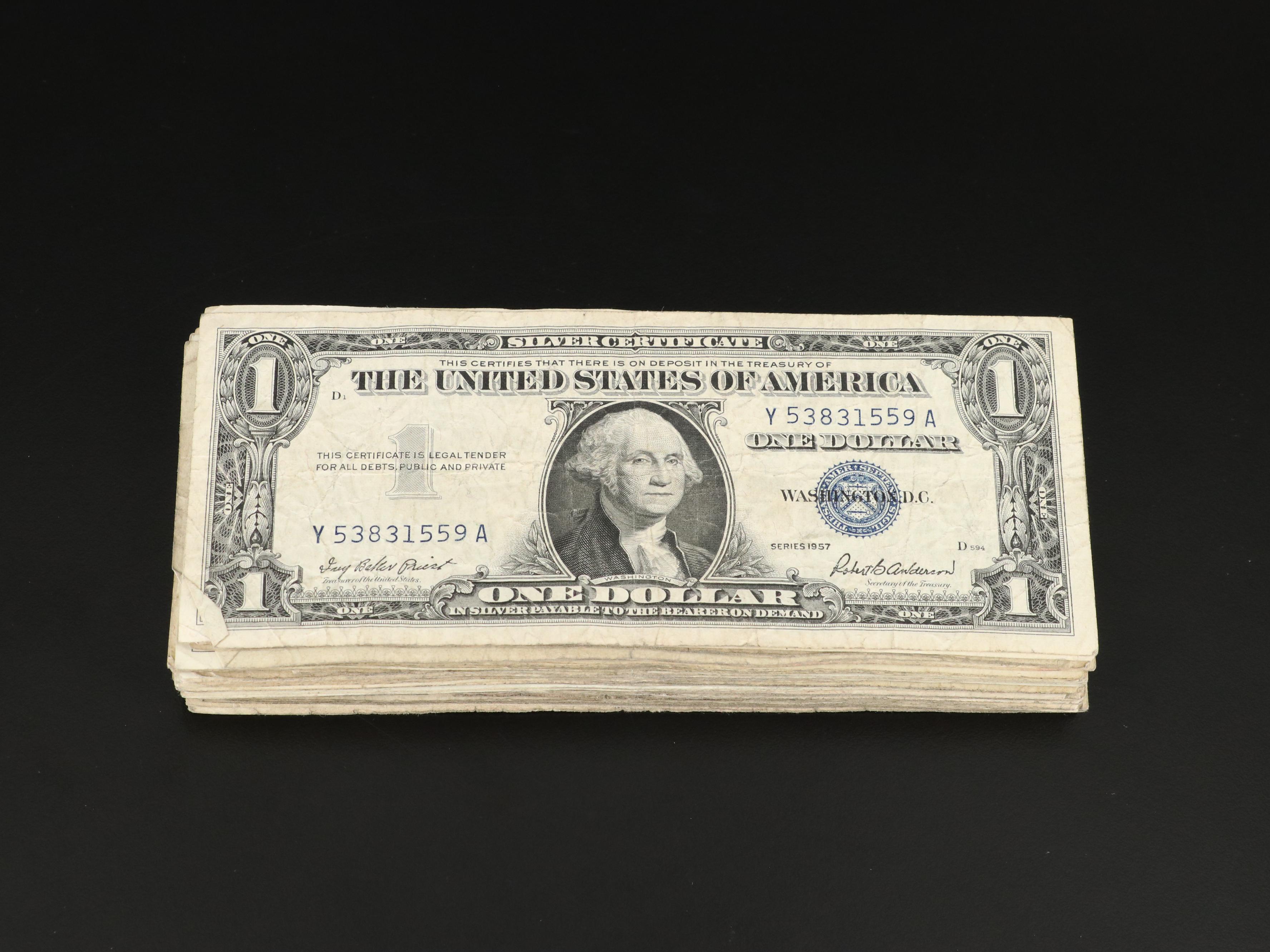 Group of Sixty $1 Dollar Silver Certificates 1935 and 1957